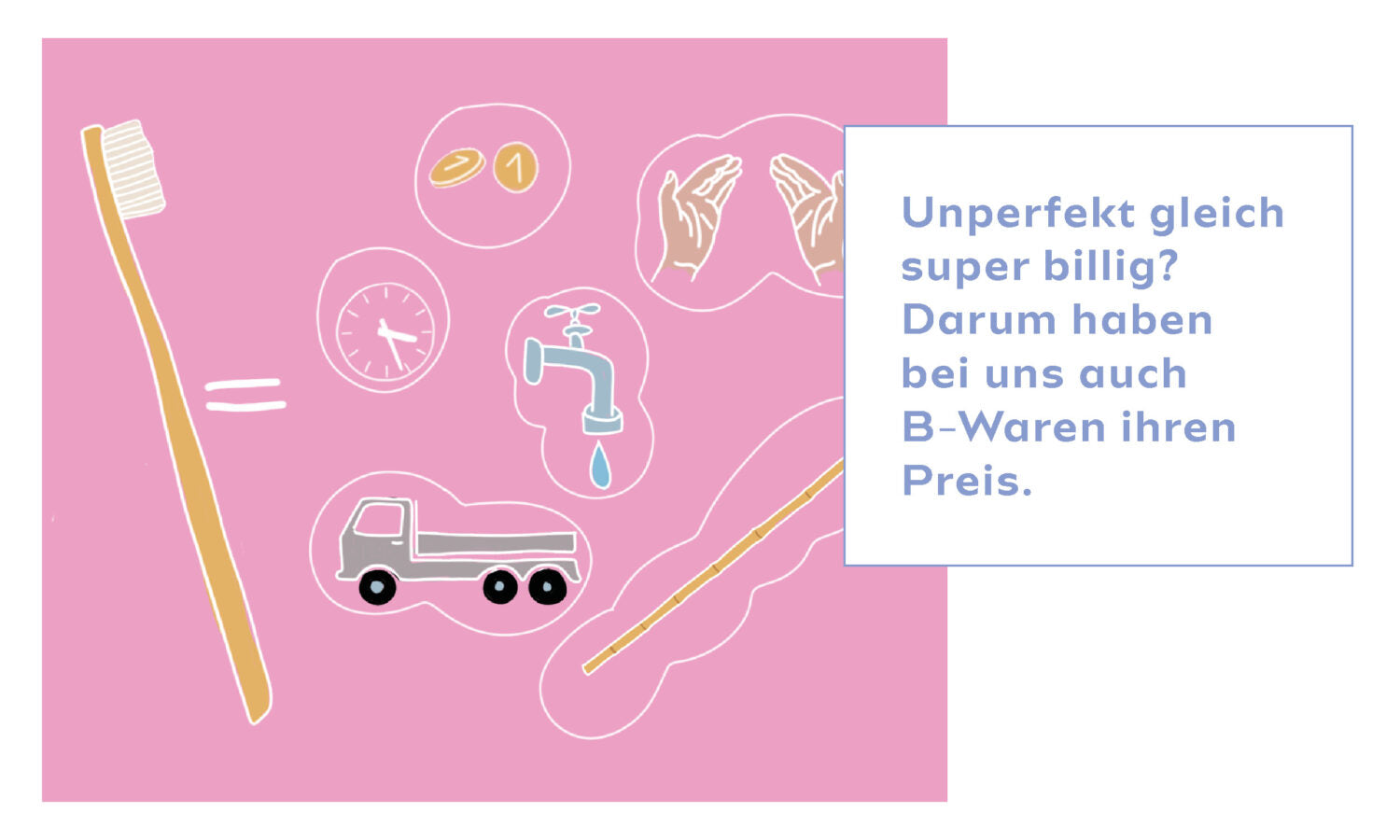Illustration mit Symbolen einer Zahnbürste, Münzen, Uhr, Wasserhahn, Händen und Lkw; Text über Preise für B-Waren.