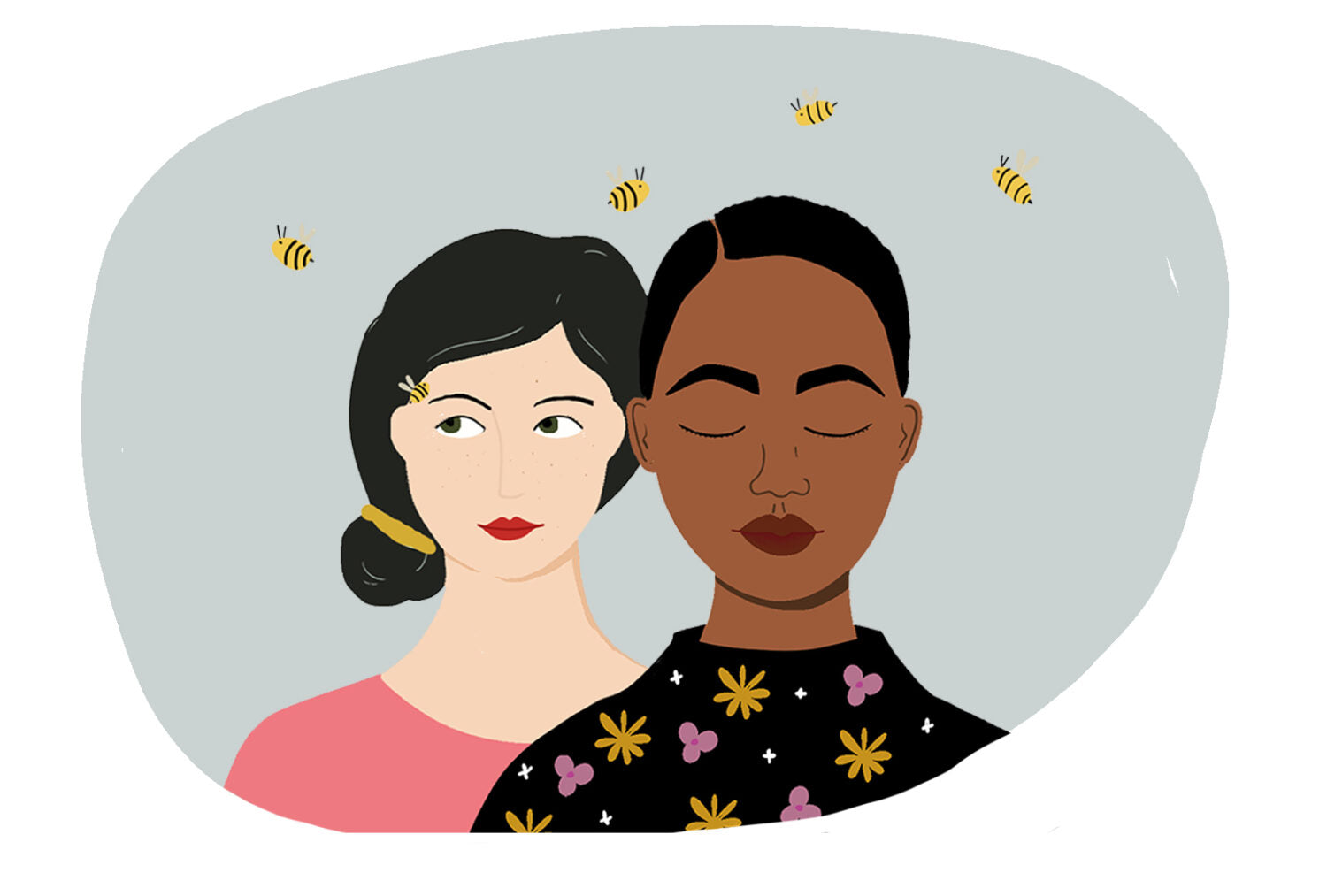 Zwei Frauen, eine mit geschlossenen Augen, umgeben von fliegenden Bienen auf grauem Hintergrund.