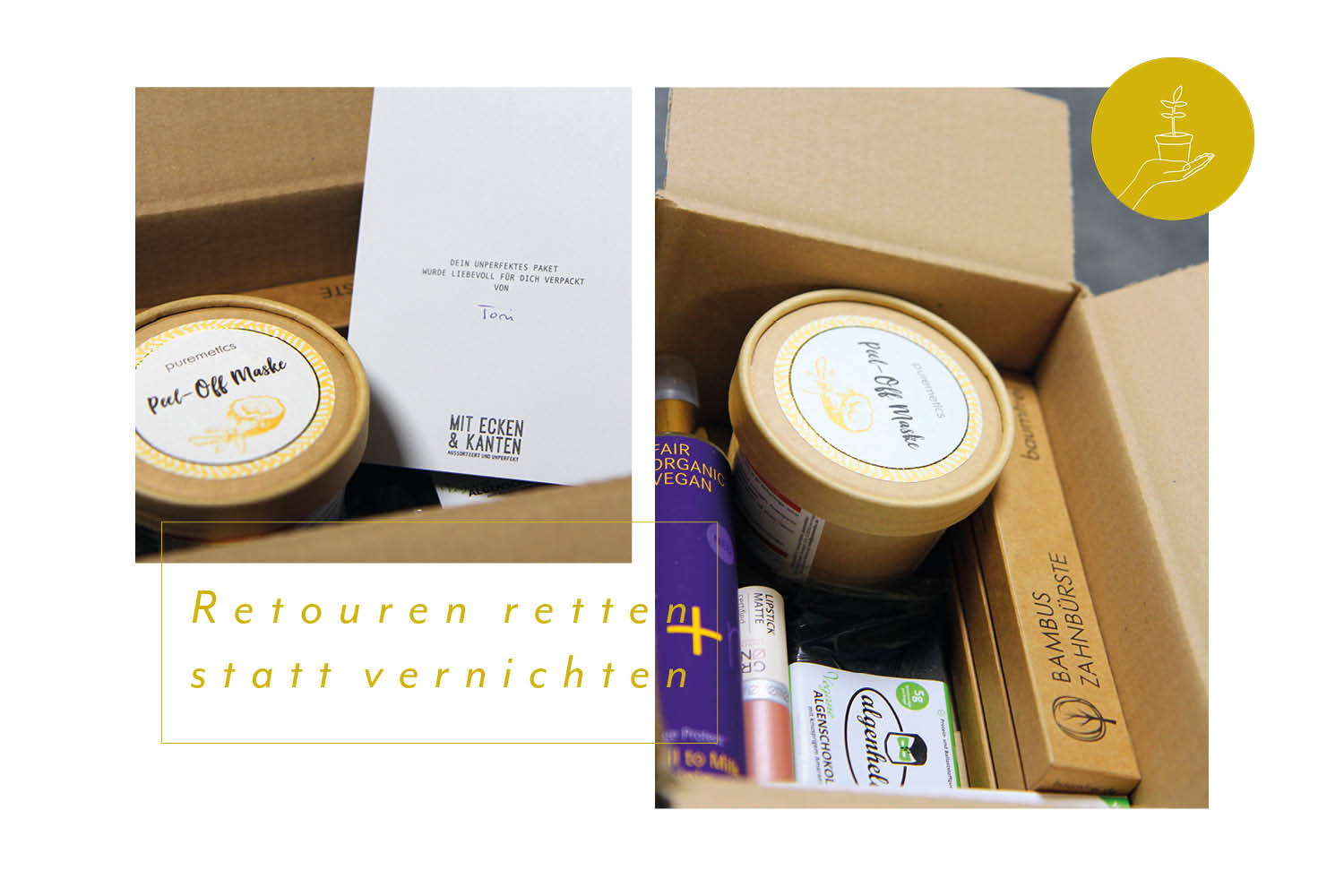 Offener Karton mit Kosmetikprodukten und Zahnbürste, daneben eine Karte und Text "Retouren retten statt vernichten".