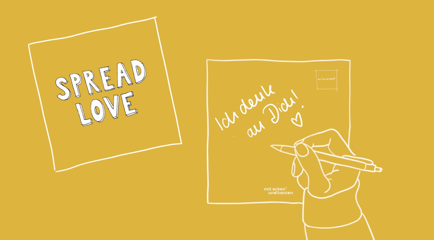 Gelbe Illustration mit einer Postkarte "Spread Love" und einer Hand, die auf eine zweite Karte "Ich denk an Dich!" schreibt.