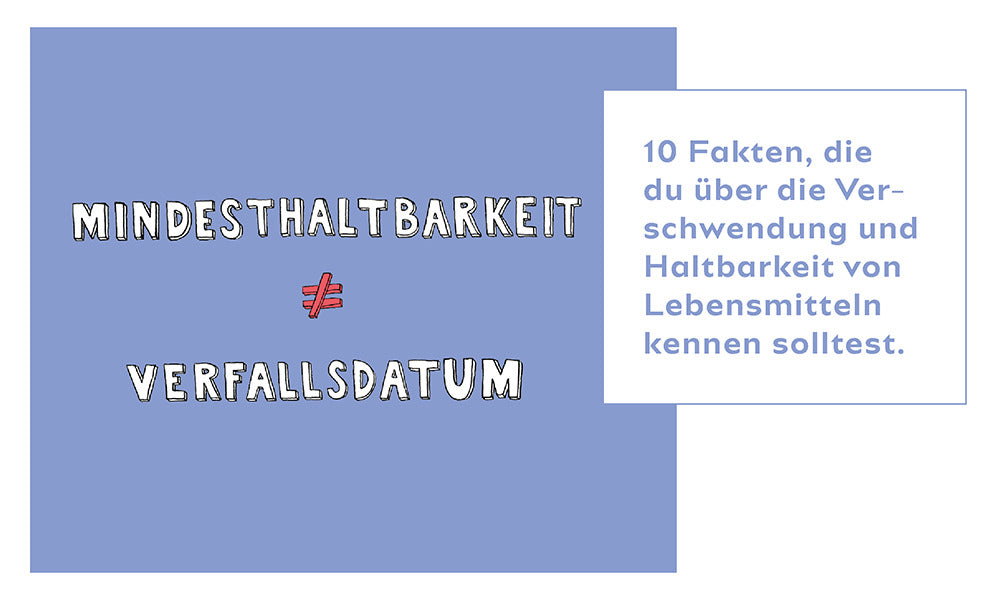 Blauer Hintergrund mit "Mindesthaltbarkeit ≠ Verfallsdatum" und daneben Text: "10 Fakten zur Lebensmittelverschwendung."