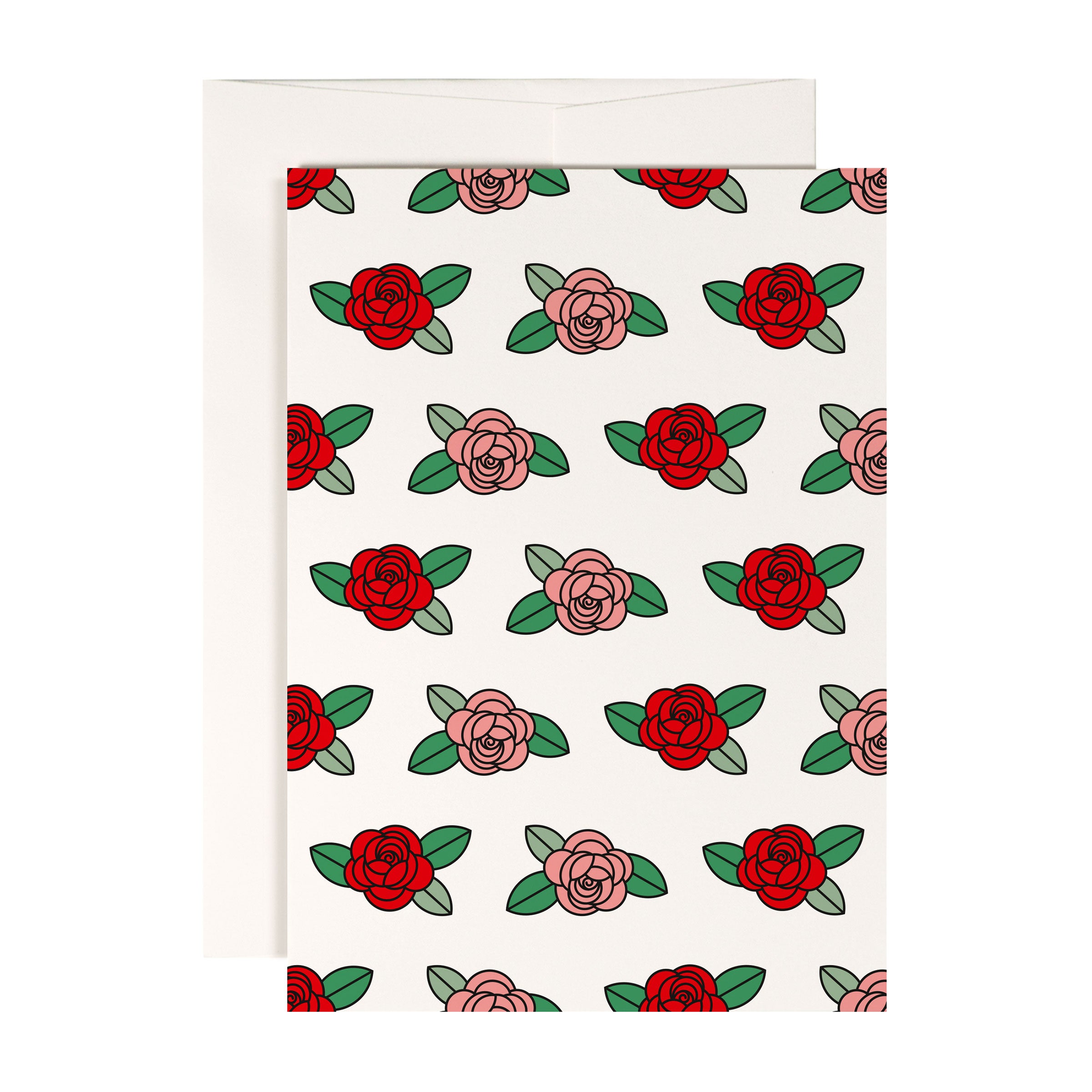 Karte mit rotem und rosa Rosenmuster, umgeben von grünen Blättern, auf weißem Hintergrund.