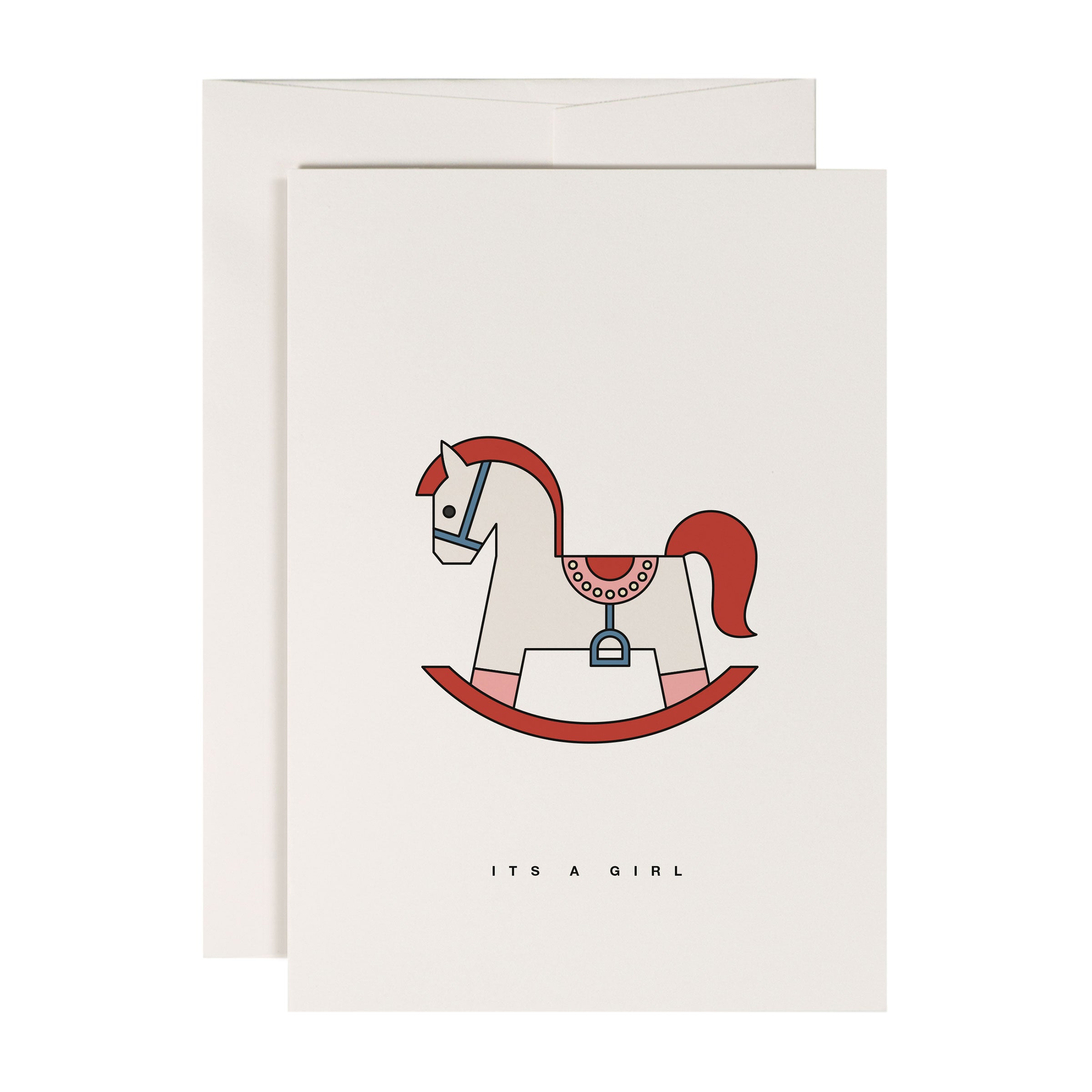 Karte mit einem stilisierten Schaukelpferd und dem Text "It's a girl" darunter.