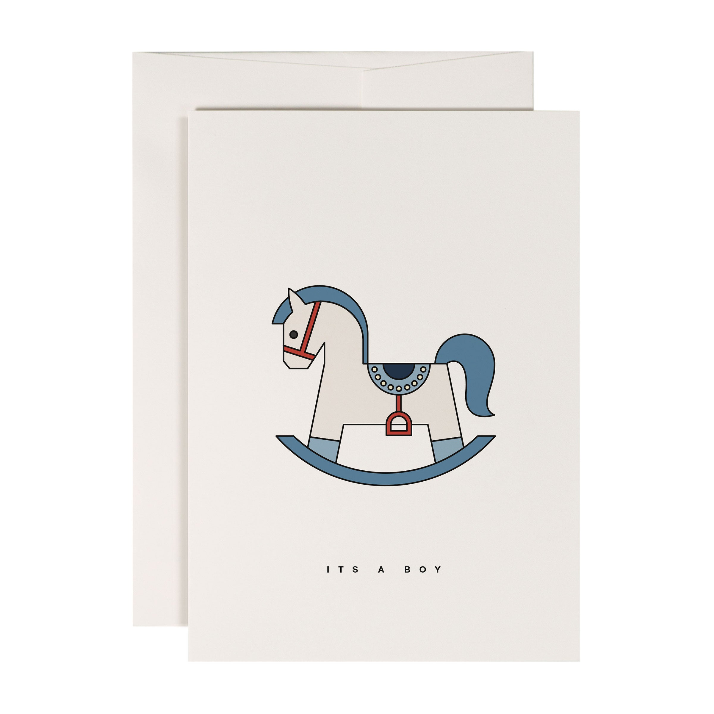 Karte mit einem blauen Schaukelpferd und der Aufschrift "It's a Boy" auf weißem Hintergrund.