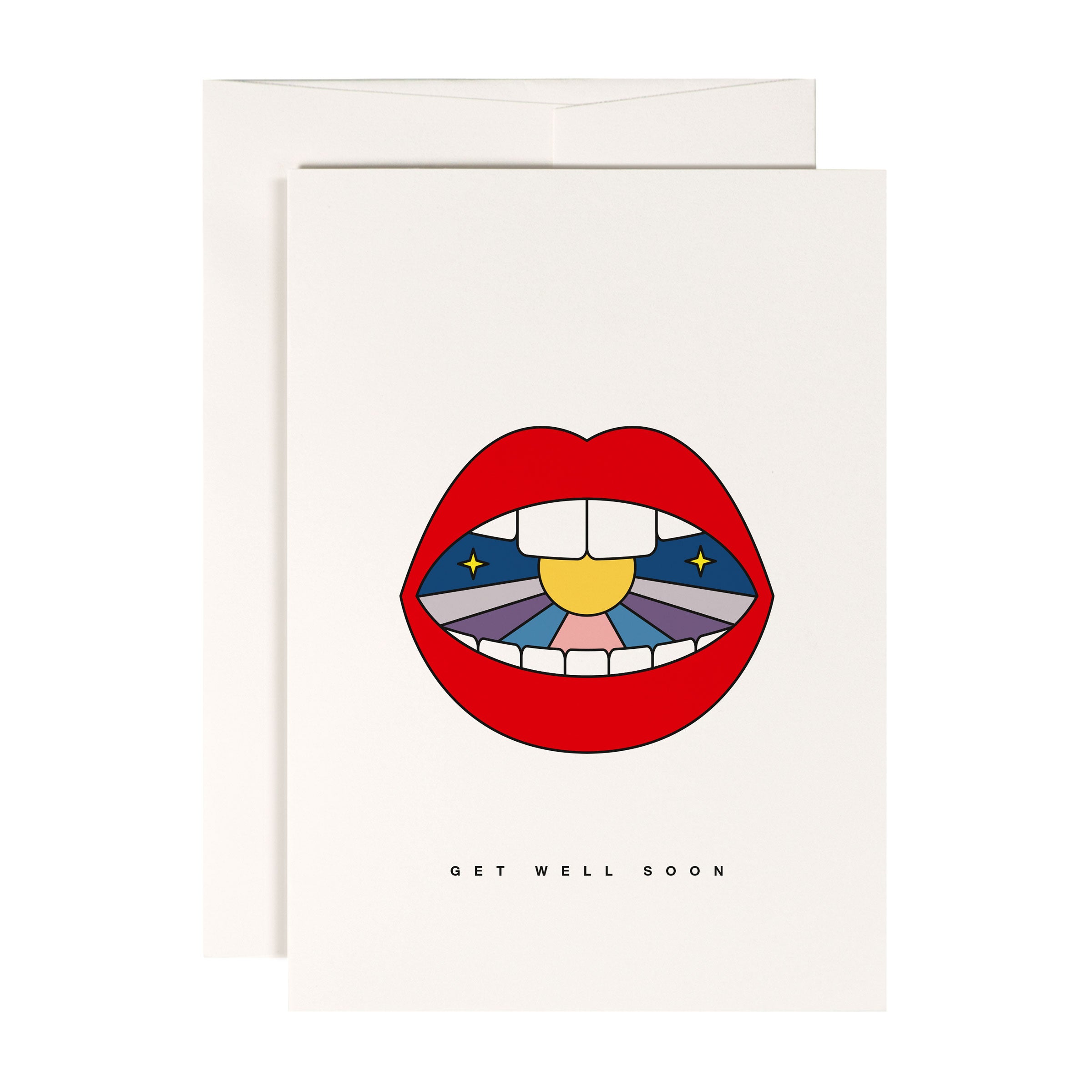 Illustration von roten Lippen mit einem bunten Himmel im Mund, darunter der Text "Get Well Soon".