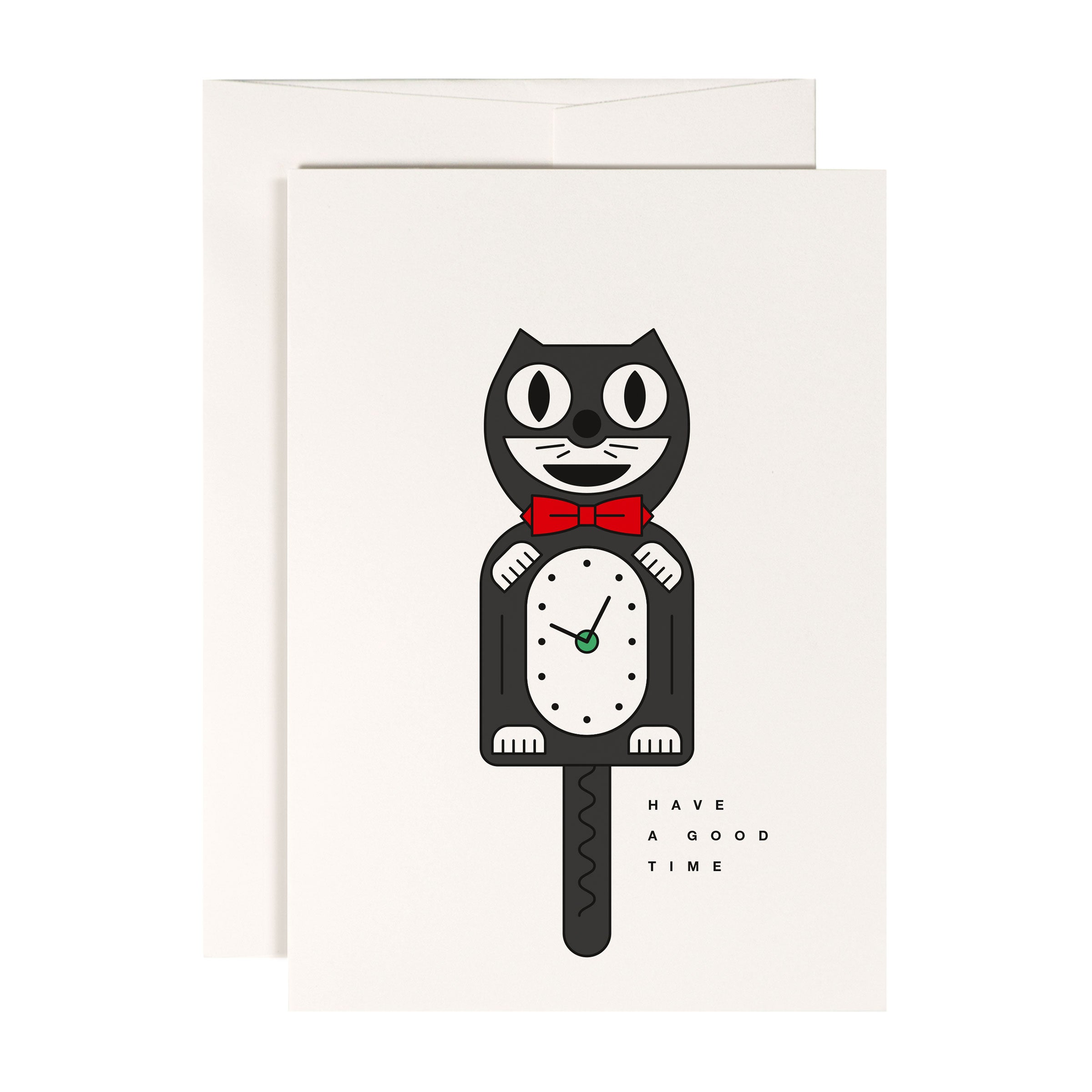 Illustration einer schwarzen Katze mit roter Fliege und Uhr im Bauch auf einer Grußkarte. Text: "HAVE A GOOD TIME".