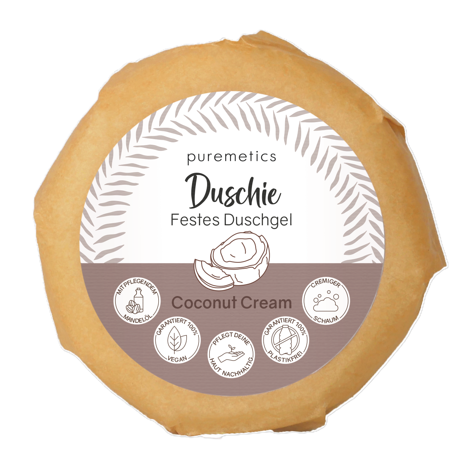 Runde Verpackung von festem Duschgel mit Kokosduft, Text "Coconut Cream" und Grafiken zu Pflegeeigenschaften.