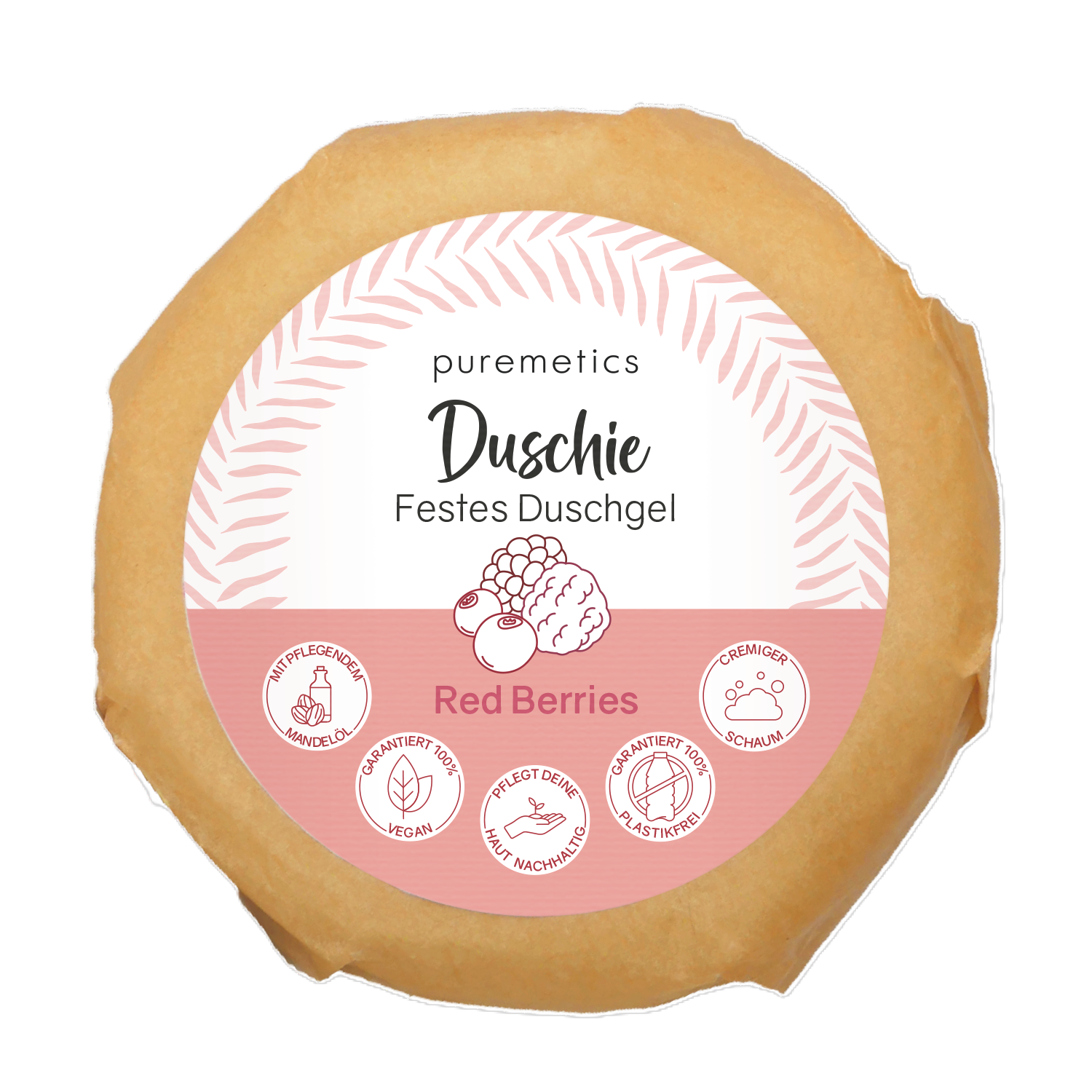 Runde Verpackung eines festen Duschgels "Duschie" mit rotem Beerenmotiv und verschiedenen Labels wie vegan und plastikfrei.
