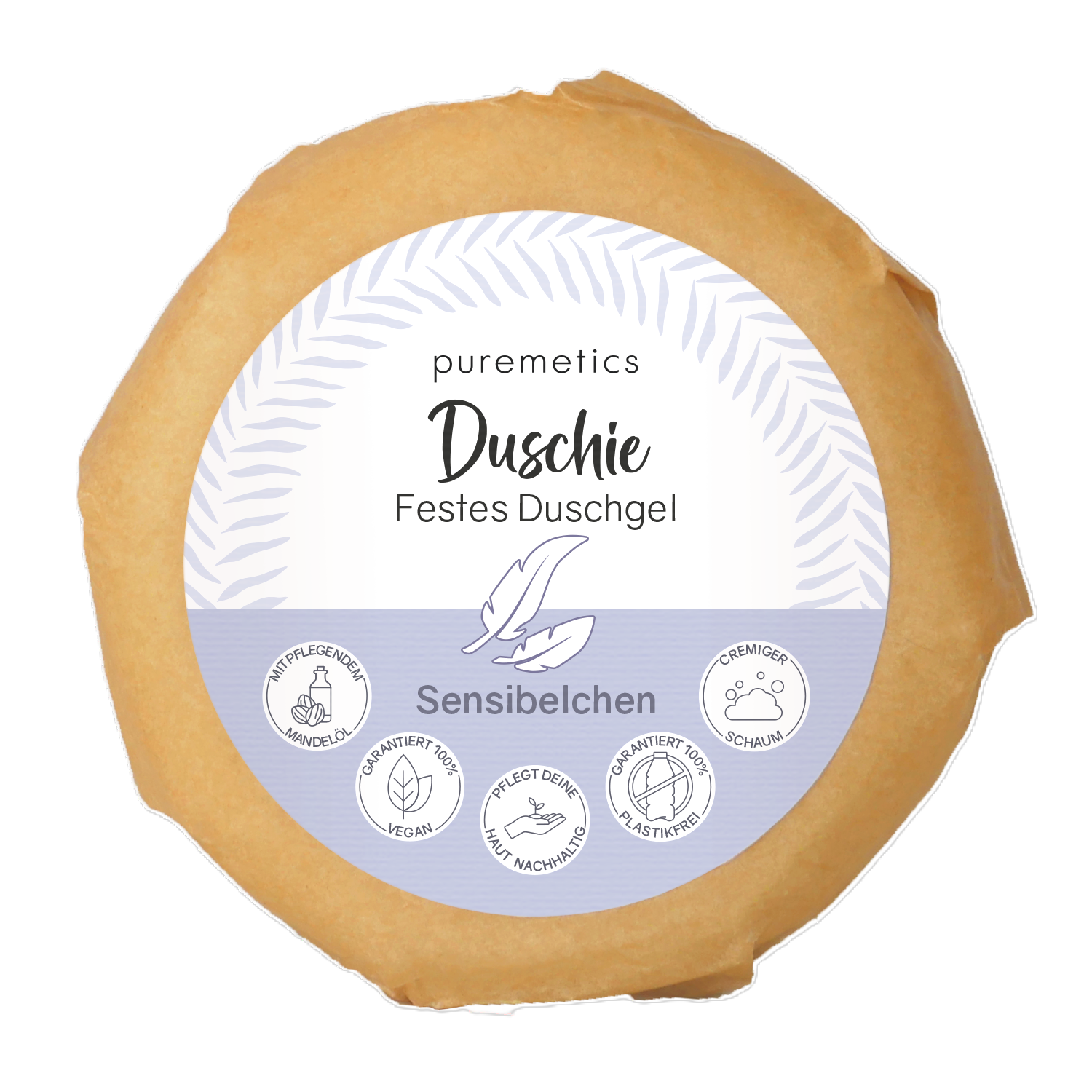 Runde Verpackung für festes Duschgel "Duschie Sensibelchen" von puremetics mit verschiedenen Symbolen und Beschreibung.