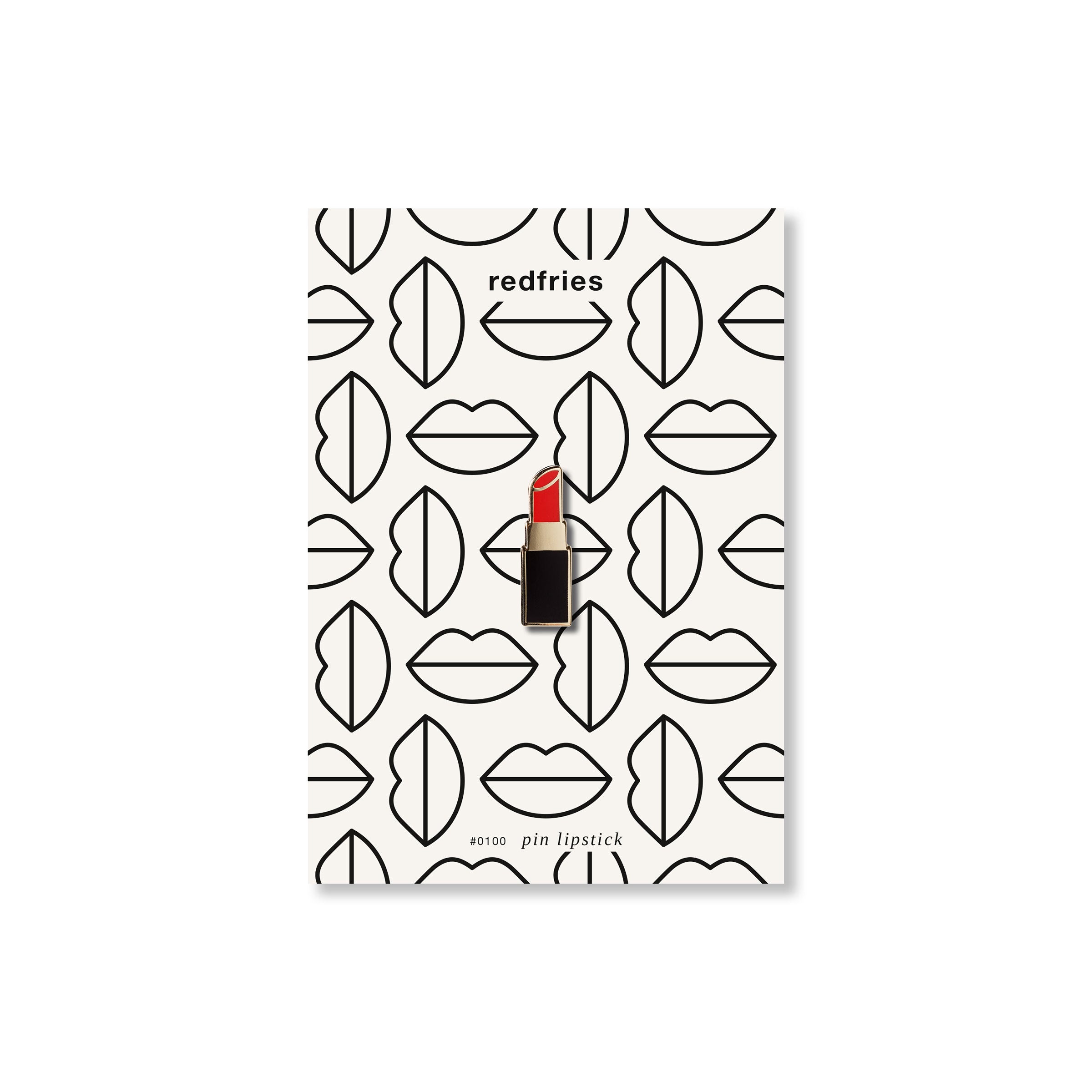 Roter Lippenstift-Pin auf einer Karte mit grafischen Lippenzeichnungen und dem Schriftzug "redfries".