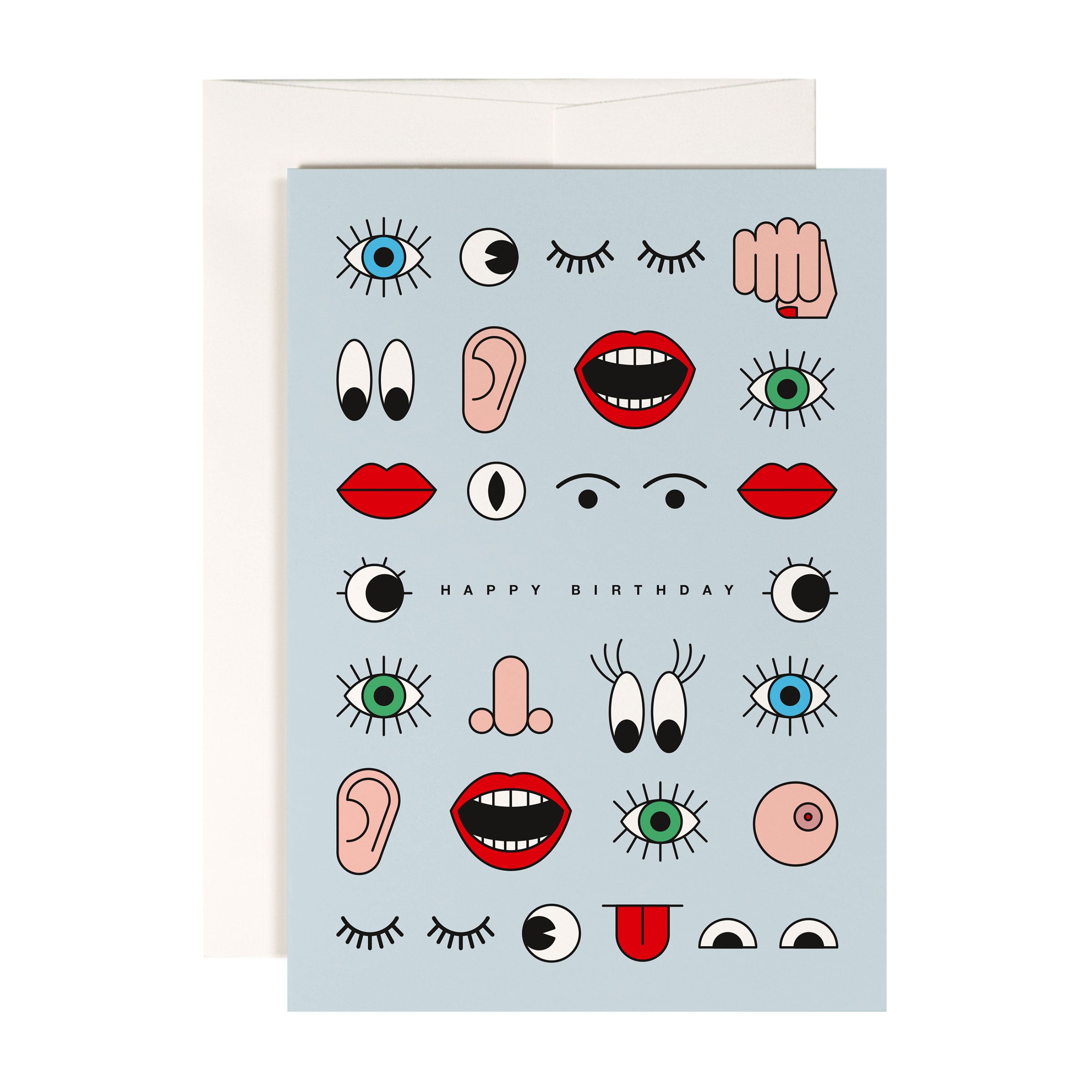 Geburtstagskarte mit Grafiken von Augen, Ohren, Lippen und Nase auf hellblauem Hintergrund, mit "Happy Birthday"-Text.