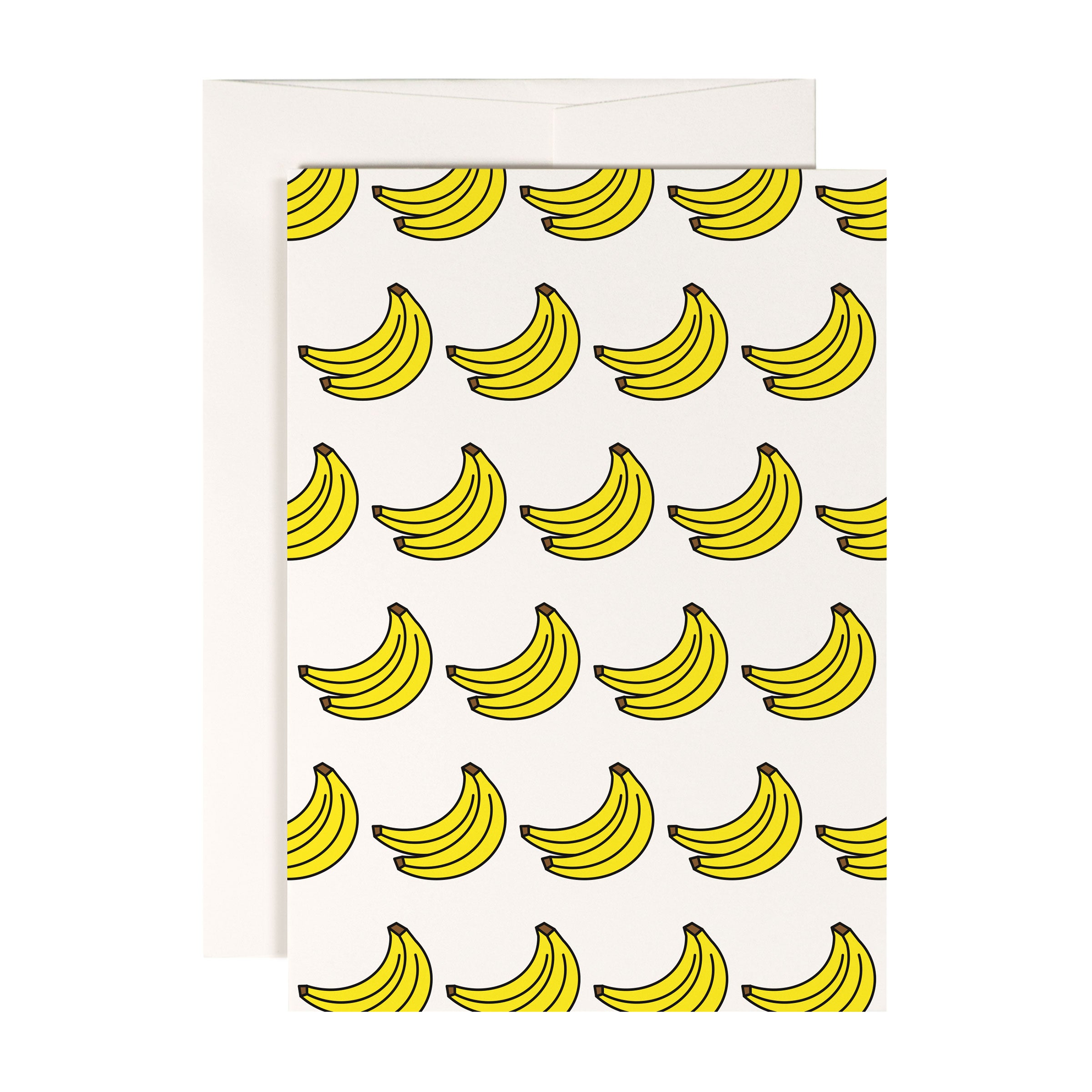 Karte mit gelbem Bananenmuster auf weißem Hintergrund, mehrfach wiederholt.