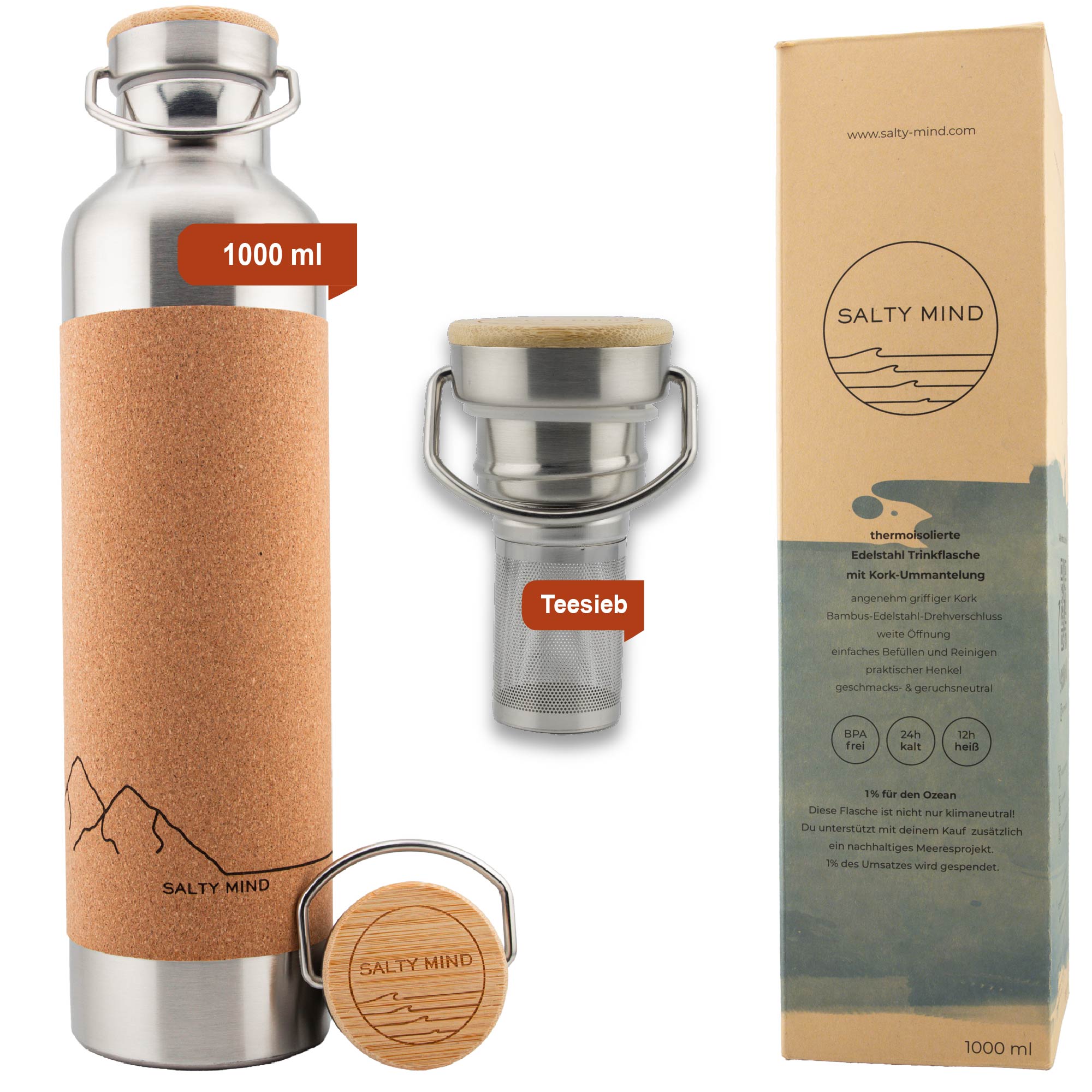 Eine Wasserflasche aus rostfreiem Stahl mit einer Korkhülle, einem Holzdeckel, einem abnehmbaren Tee-Ei und einer Pappschachtel mit der Aufschrift SALTY MIND. Die Flasche hat ein Fassungsvermögen von 1000 ml und ein einfaches Bergdesign.
