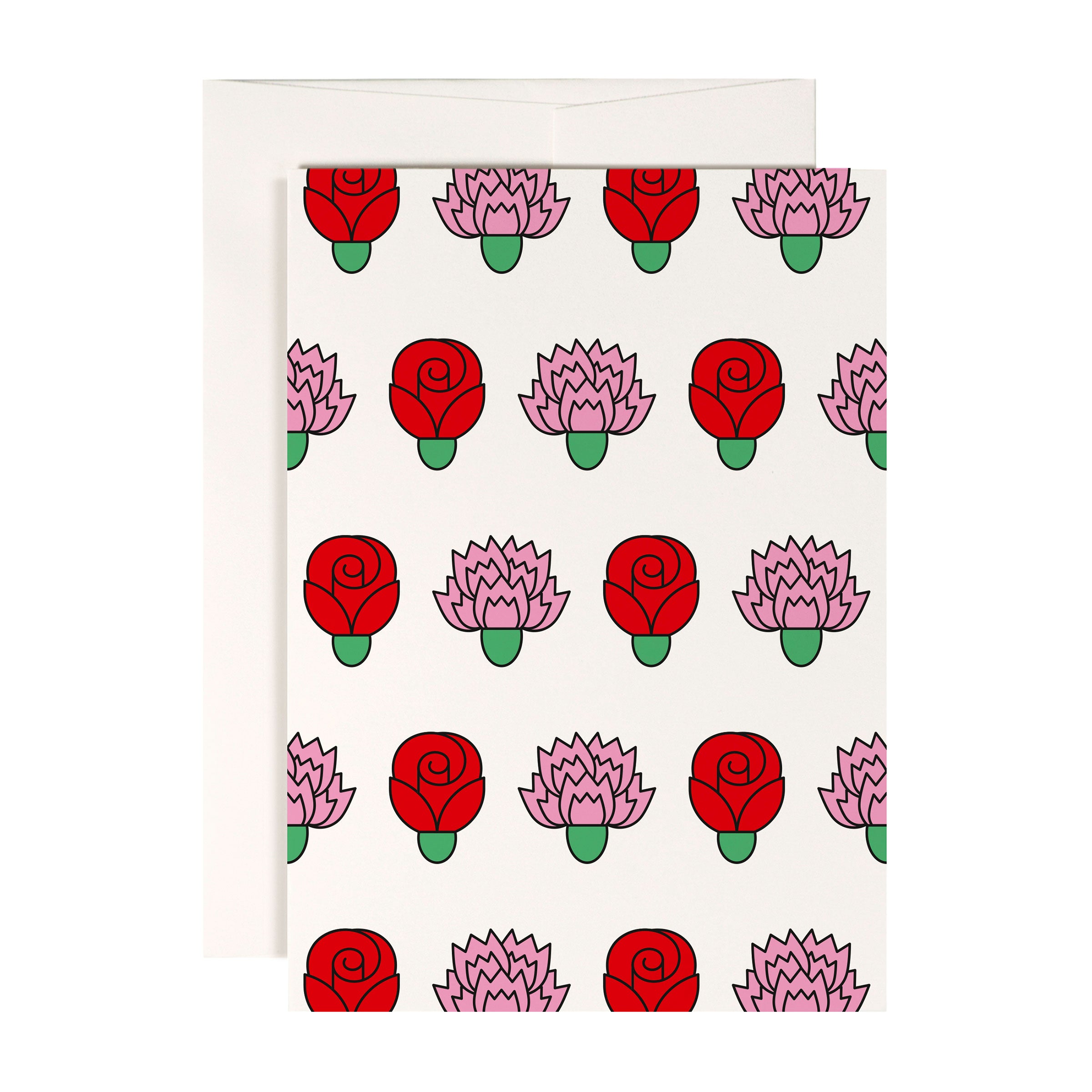 Eine Grußkarte mit einem Muster aus roten Rosen und rosa Lotusblüten auf weißem Hintergrund.