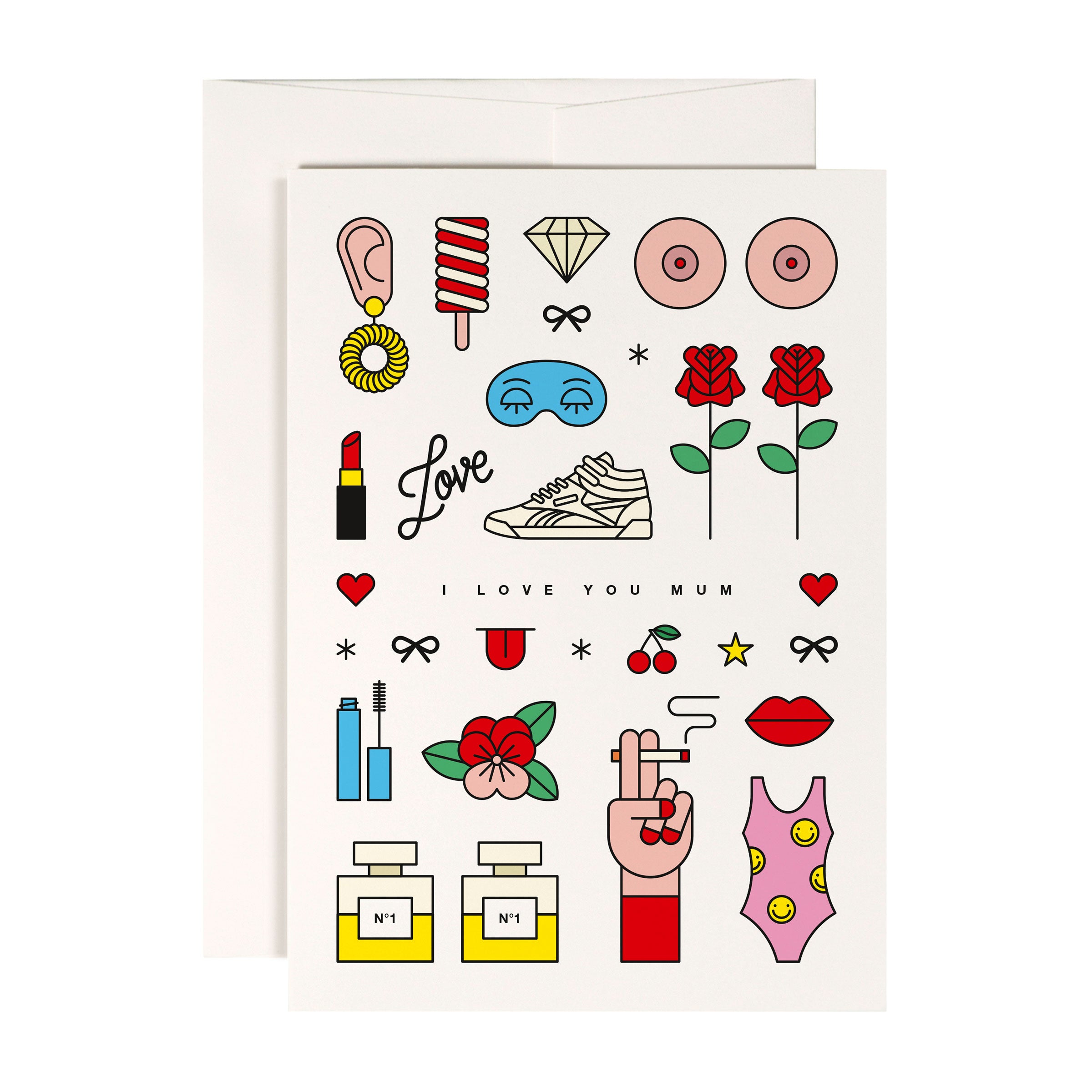 Grußkarte mit bunten Zeichnungen: Rosen, Lippenstift, Sneaker, Parfum, Kirschen, Lippen, Eis und der Text "I Love You Mum".