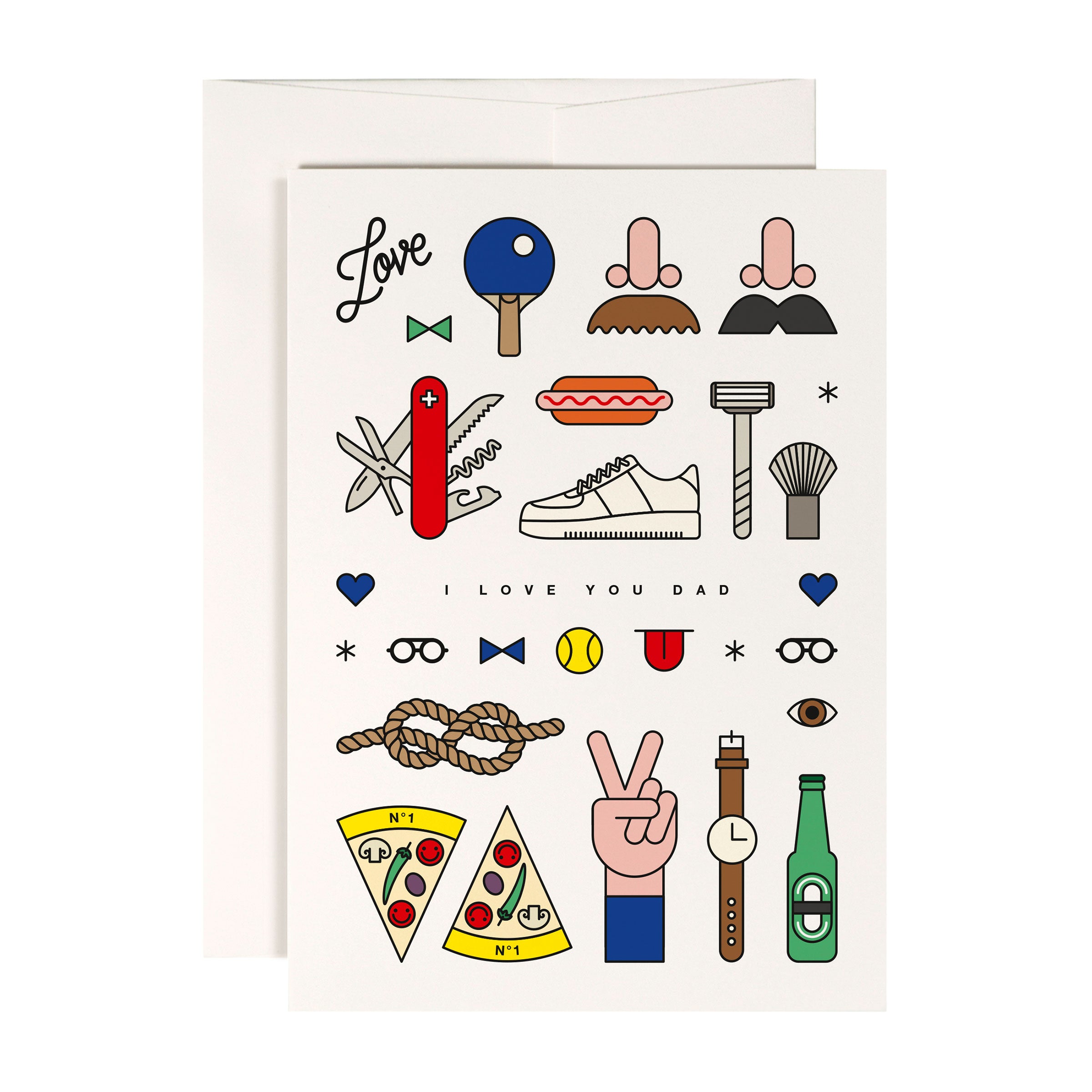 Grußkarte mit verschiedenen Symbolen wie Pizza, Uhr, Flasche, und dem Text "I Love You Dad" auf weißem Hintergrund.