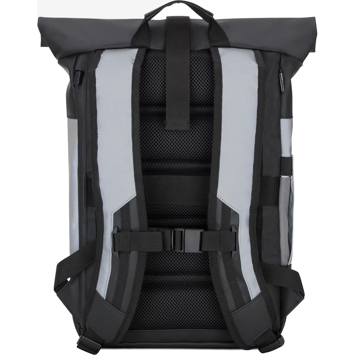 Ein schwarz-grauer Rucksack wird von hinten gezeigt, mit gepolsterten Schultergurten, einem oberen Griff, Netzrückenpolsterung, einem Brustgurt und Seitentaschen.