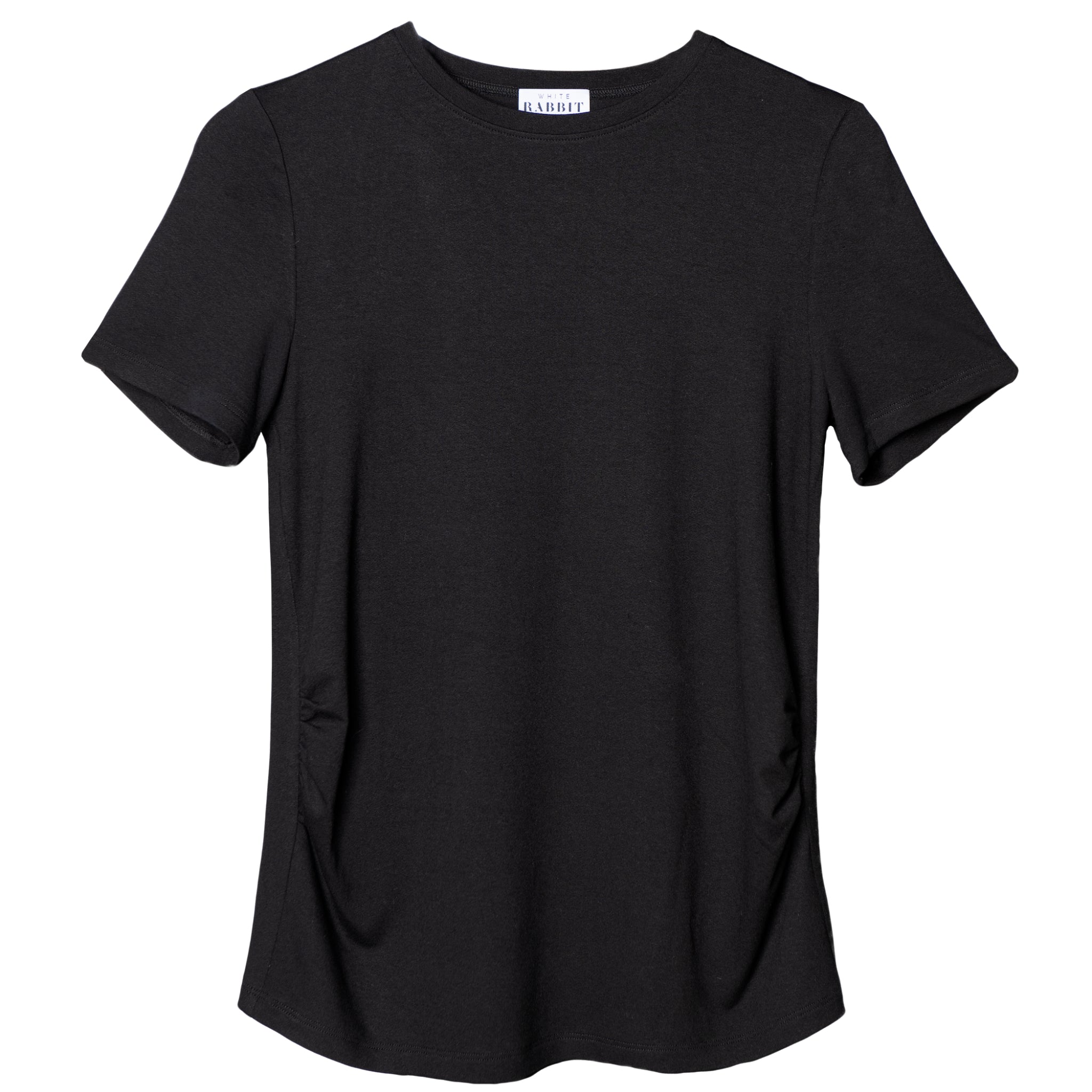 Ein schlichtes schwarzes Kurzarm-T-Shirt mit Rundhalsausschnitt auf weißem Hintergrund. Das Shirt scheint eine einfache, lockere Passform zu haben.