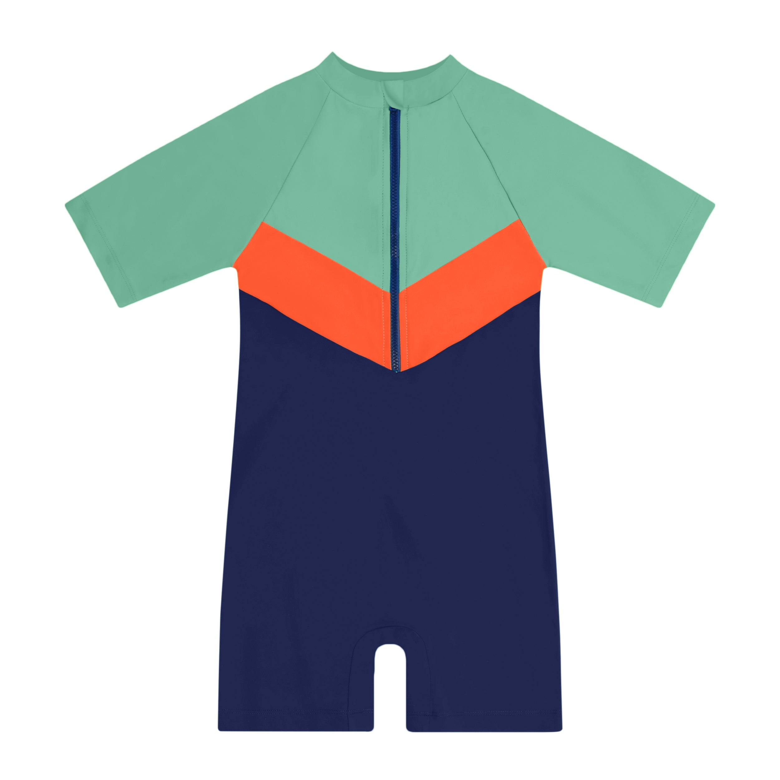 Kinder-Badeanzug mit kurzen Ärmeln in Hellgrün, Orange und Dunkelblau, mit einem blauen Reißverschluss vorne.