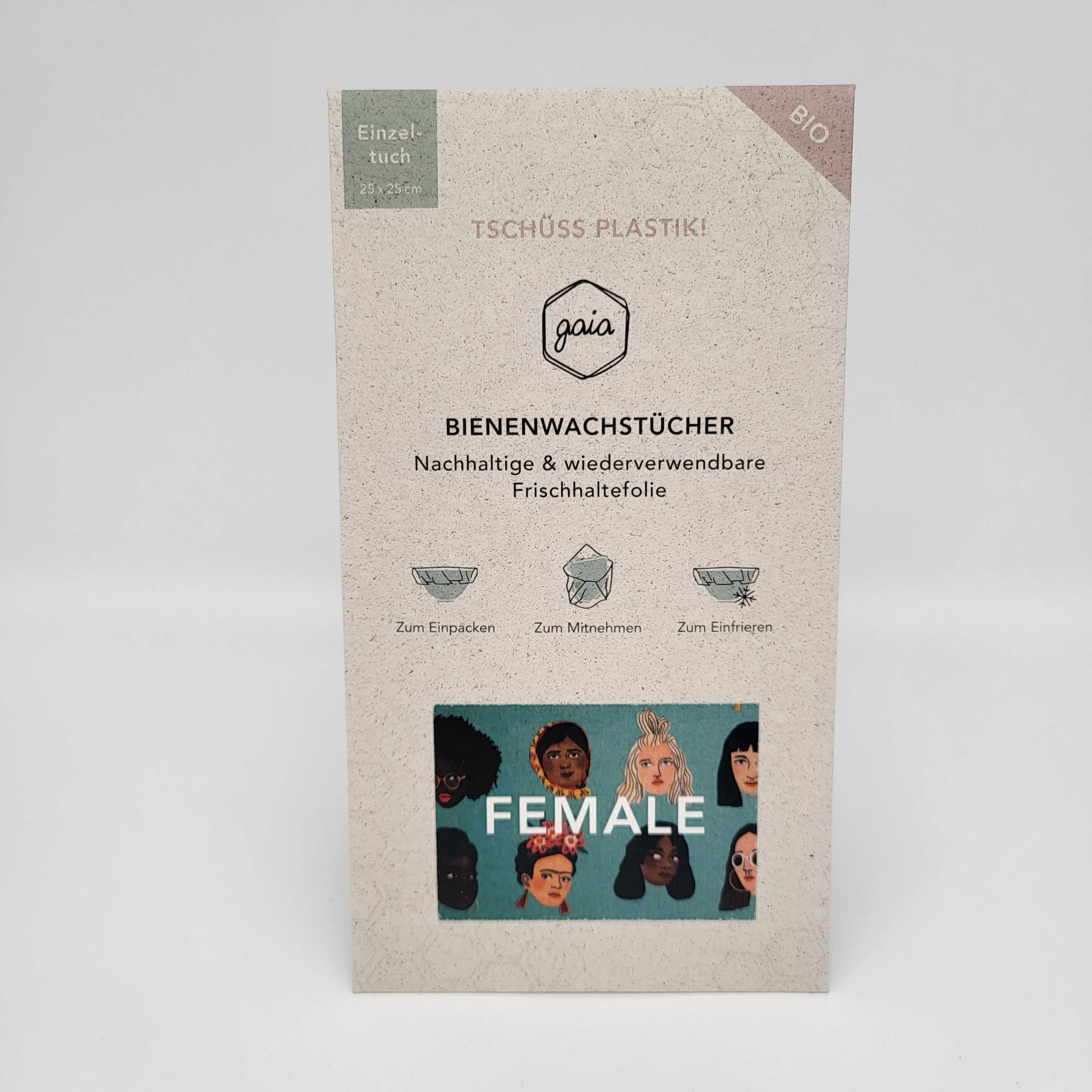 Verpackung eines Bienenwachstuchs von Gaia mit Grafiken und dem Wort "FEMALE" darauf.