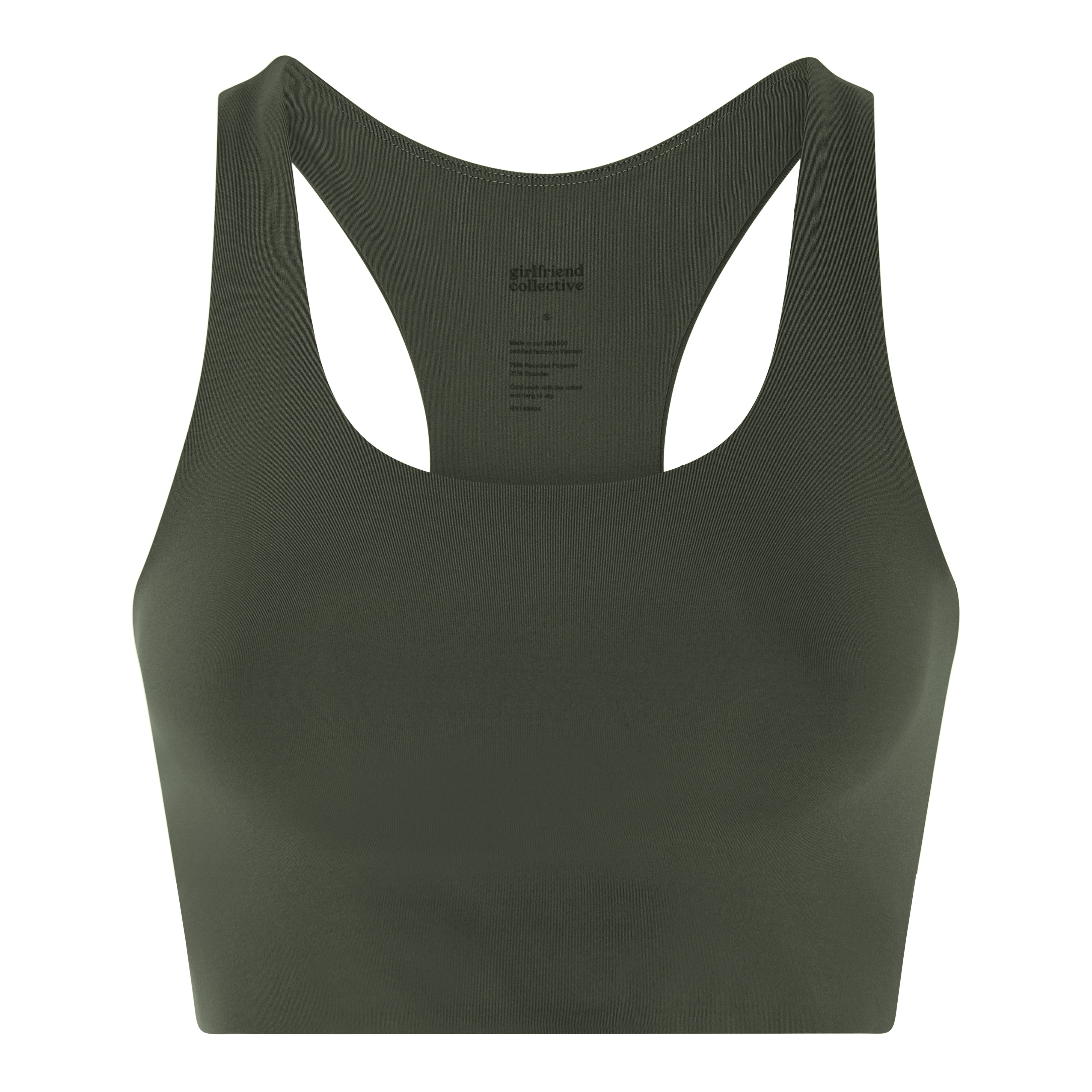 Ein dunkelgrüner Racerback-Sport-BH mit einfachem, nahtlosem Design auf einfarbig weißem Hintergrund.