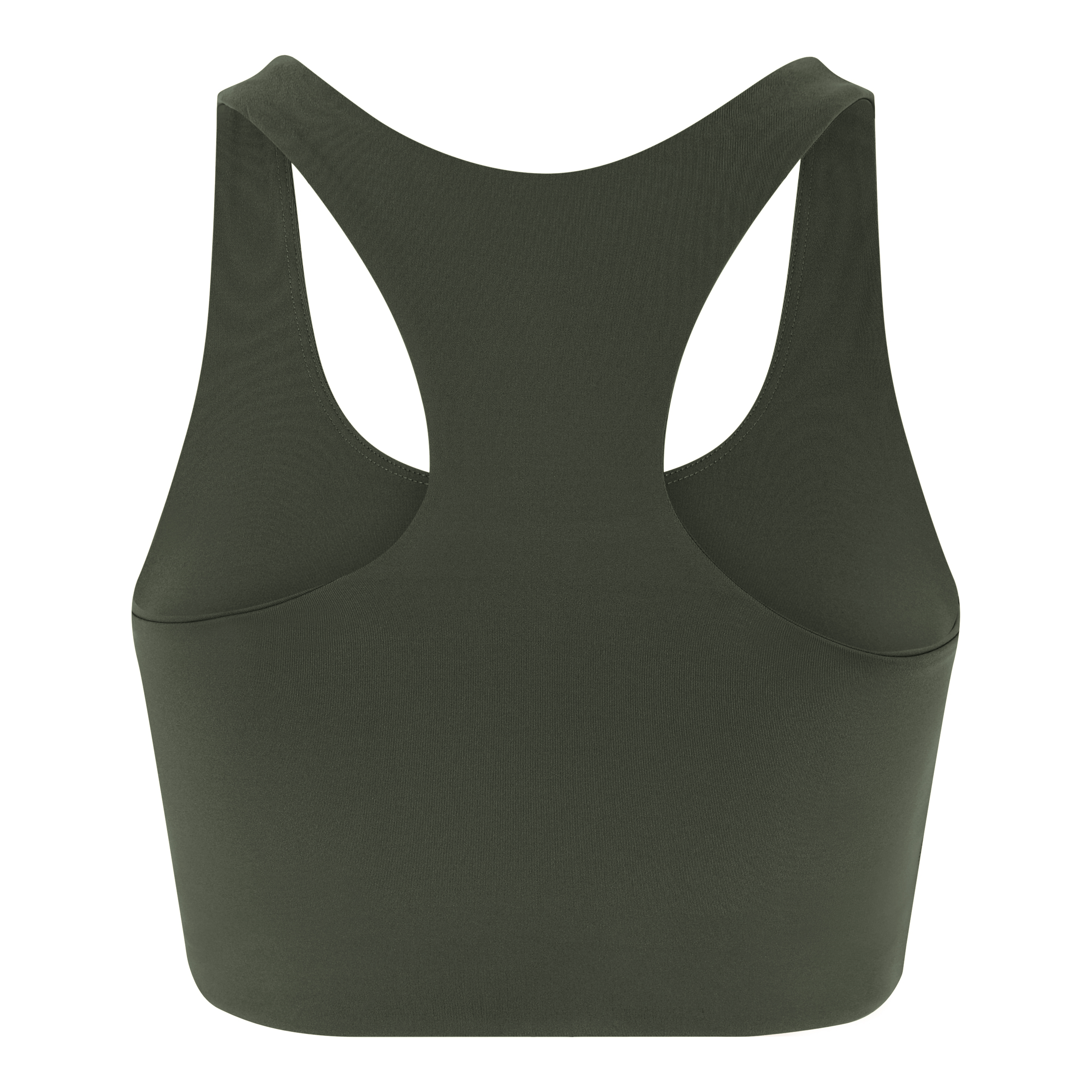 Dunkelgrüner Sport-BH mit Racerback-Design und glatter, nahtloser Verarbeitung, von hinten gesehen.