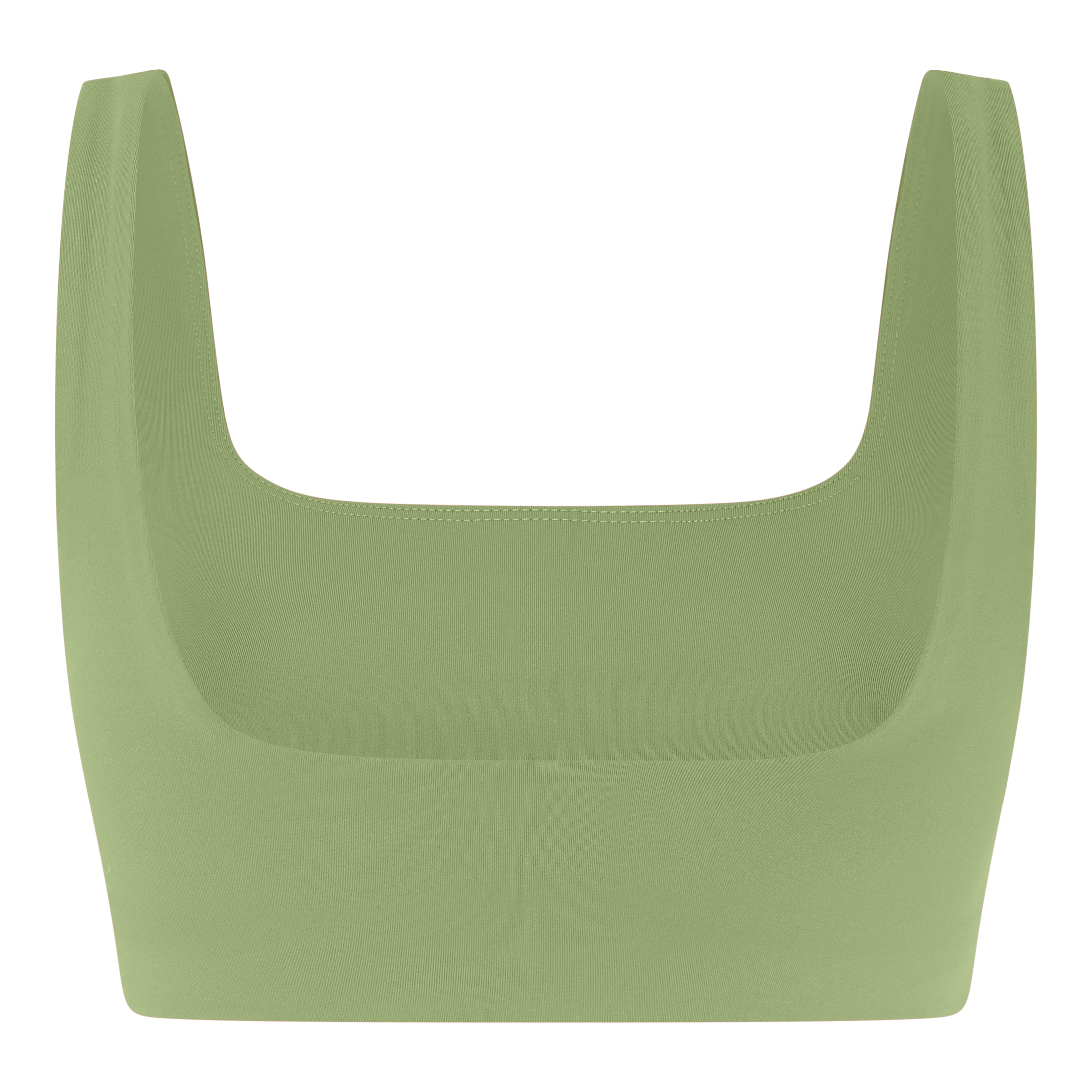 Ein salbeigrünes, ärmelloses Crop-Top mit weitem, quadratischem Ausschnitt, abgebildet auf einem schlichten weißen Hintergrund.