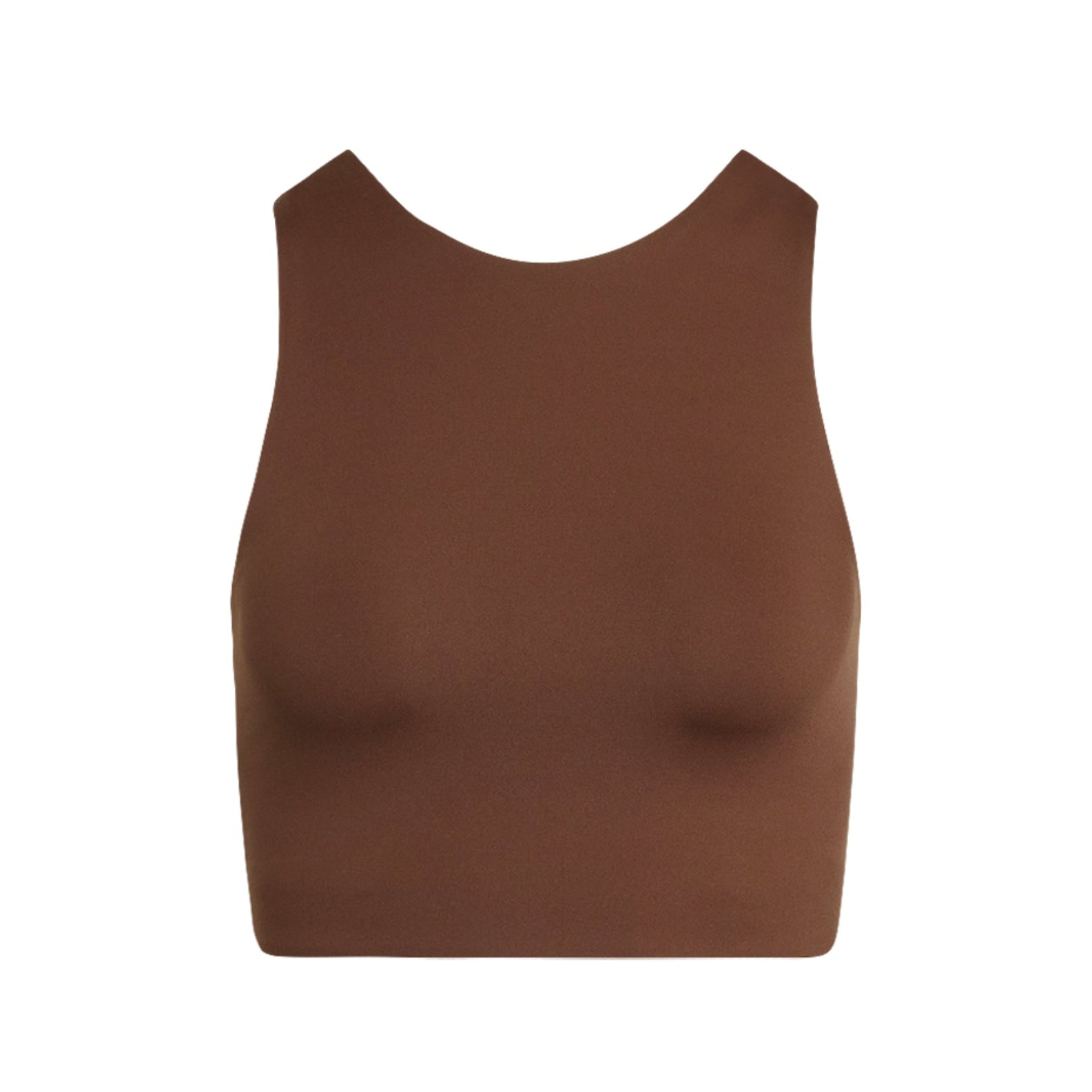 Braunes, ärmelloses Crop-Top mit Rundhalsausschnitt.