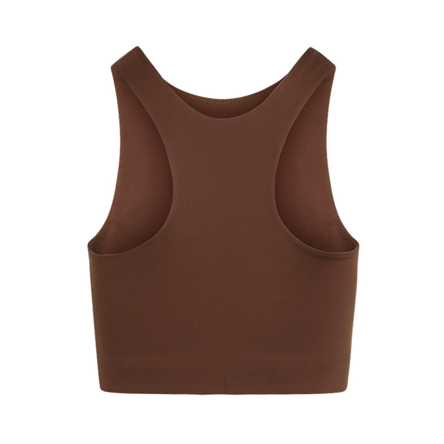 Braunes ärmelloses Crop-Top mit Racerback-Design, schlicht und nahtlos.