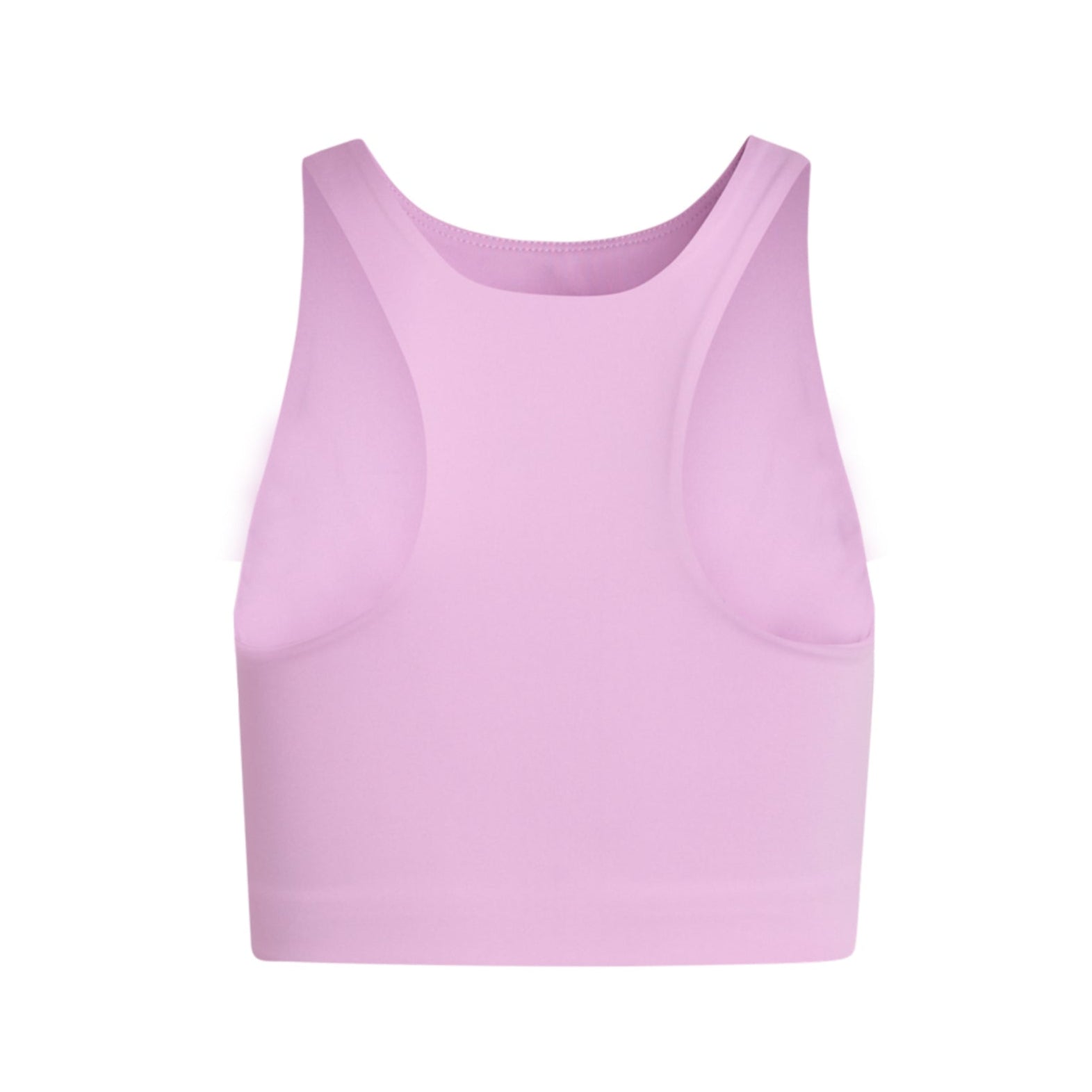 Ein ärmelloses, rosa Sporttop aus elastischem Material auf weißem Hintergrund.