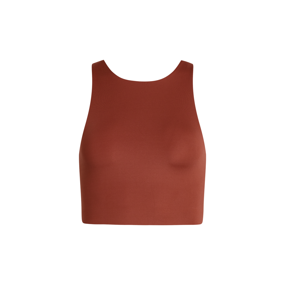 Rotes ärmelloses Crop-Top vor weißem Hintergrund.