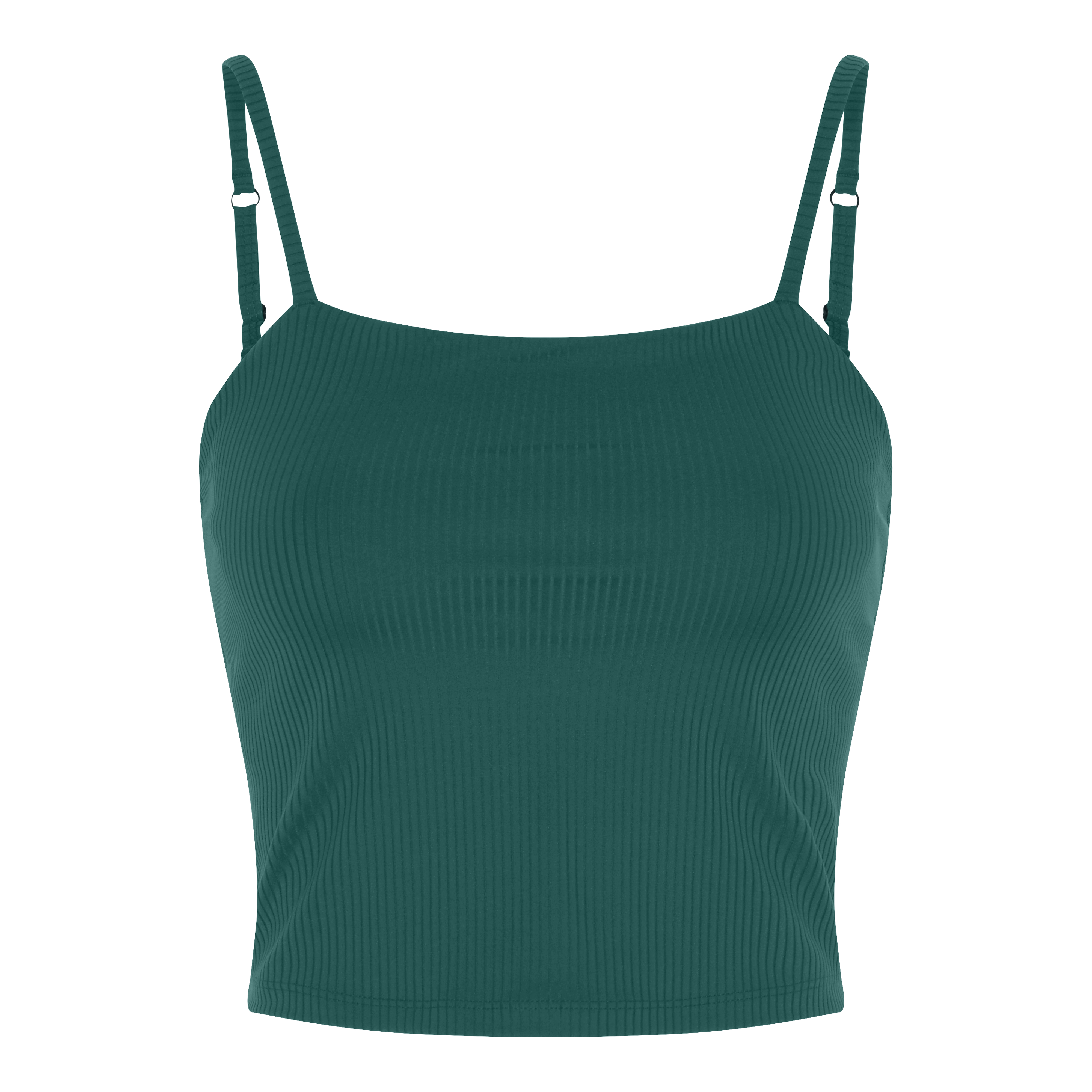Dunkelgrünes, geripptes Crop-Top mit dünnen, verstellbaren Trägern, geradem Ausschnitt und taillierter Silhouette auf einfarbig weißem Hintergrund.