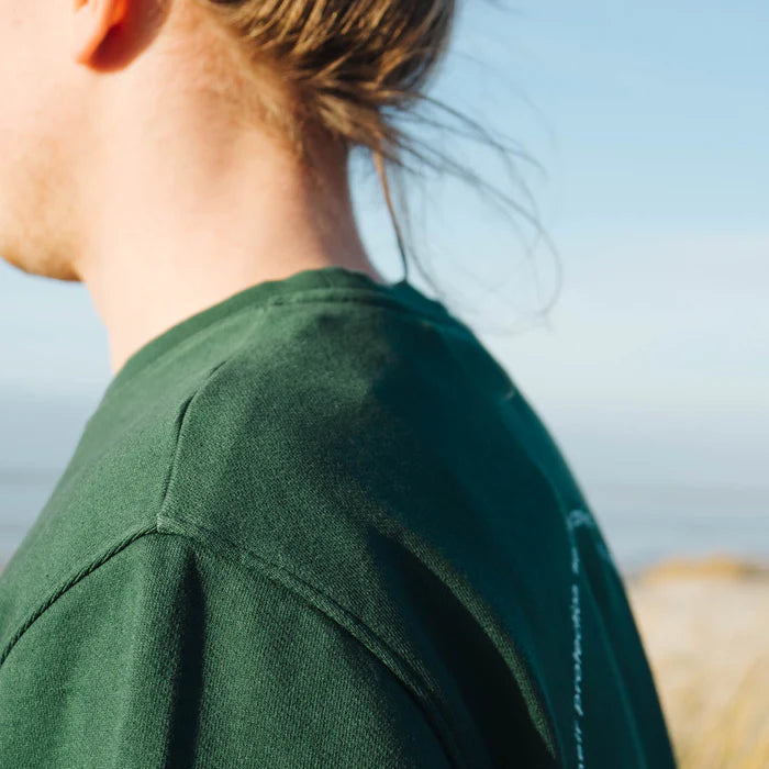 Man sieht eine Person mit langen, zurückgebundenen Haaren von hinten und teilweise zur Seite, die ein grünes T-Shirt trägt und im Freien vor einem verschwommenen Hintergrund aus Himmel und Landschaft steht.