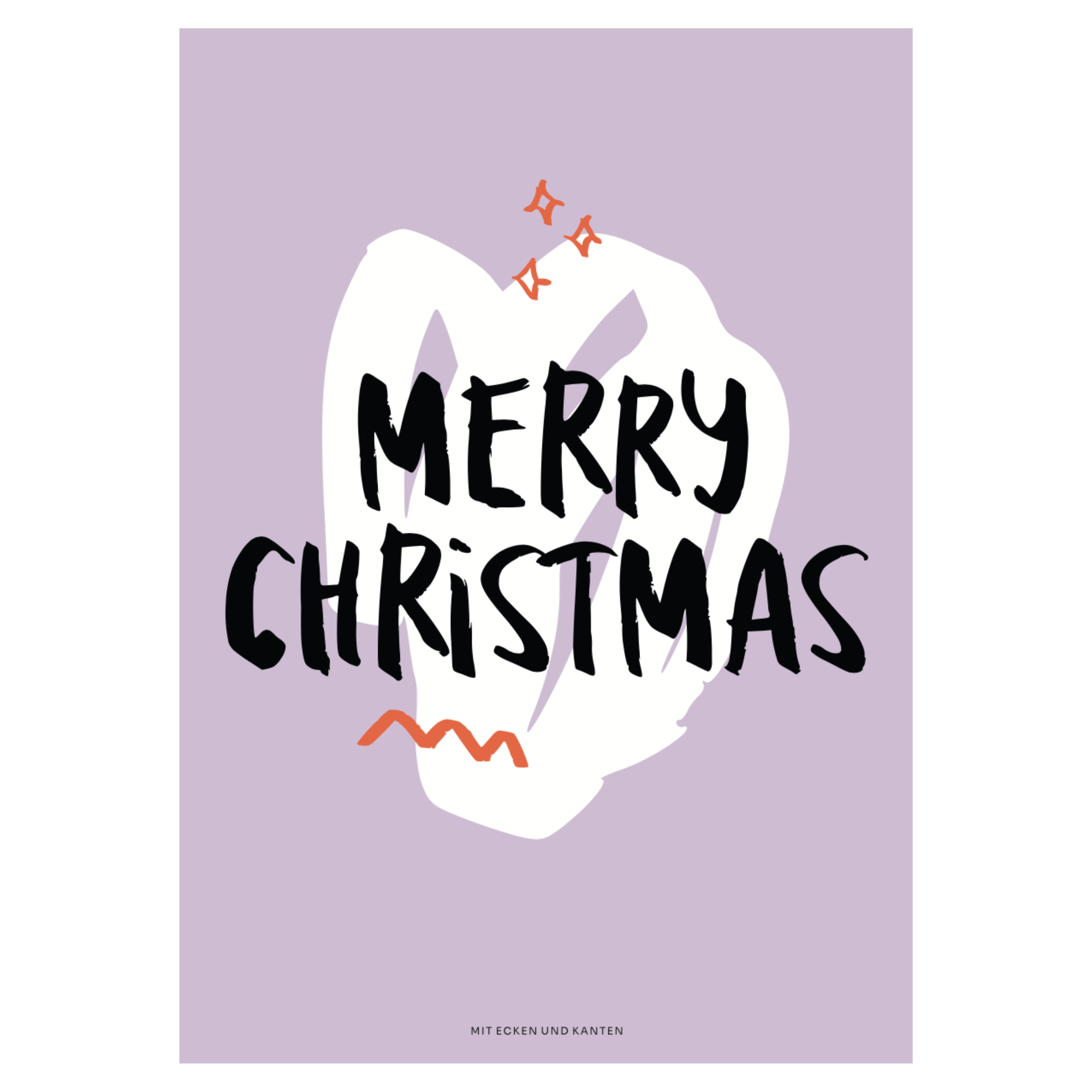 Retro-Karte mit dem Schriftzug "Merry Christmas" auf violettem Hintergrund und dekorativen Elementen.