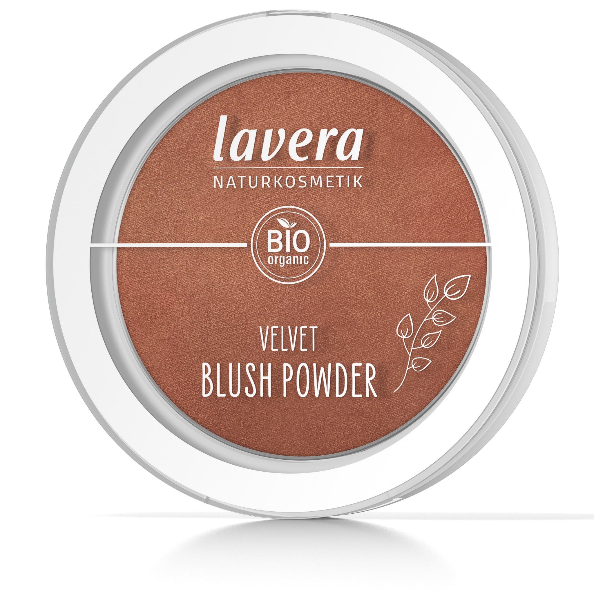 Lavera Velvet Blush Powder in runder Verpackung mit Bio-Siegel und Blatt-Design auf dem Deckel.