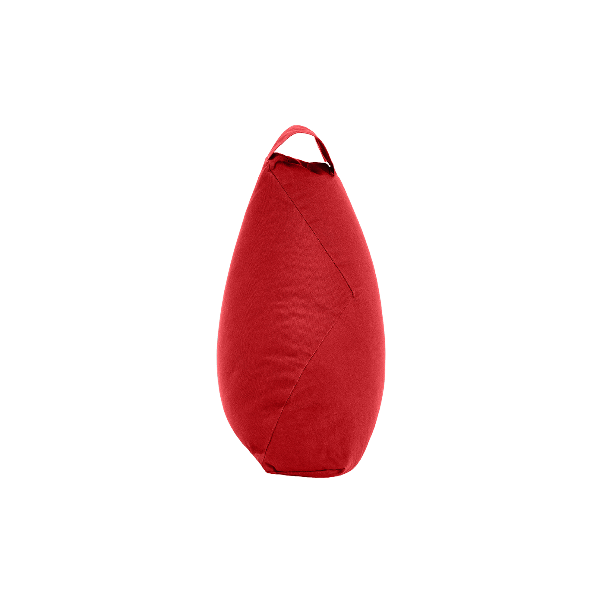 Roter Sitzsack in Tropfenform mit Tragegriff.