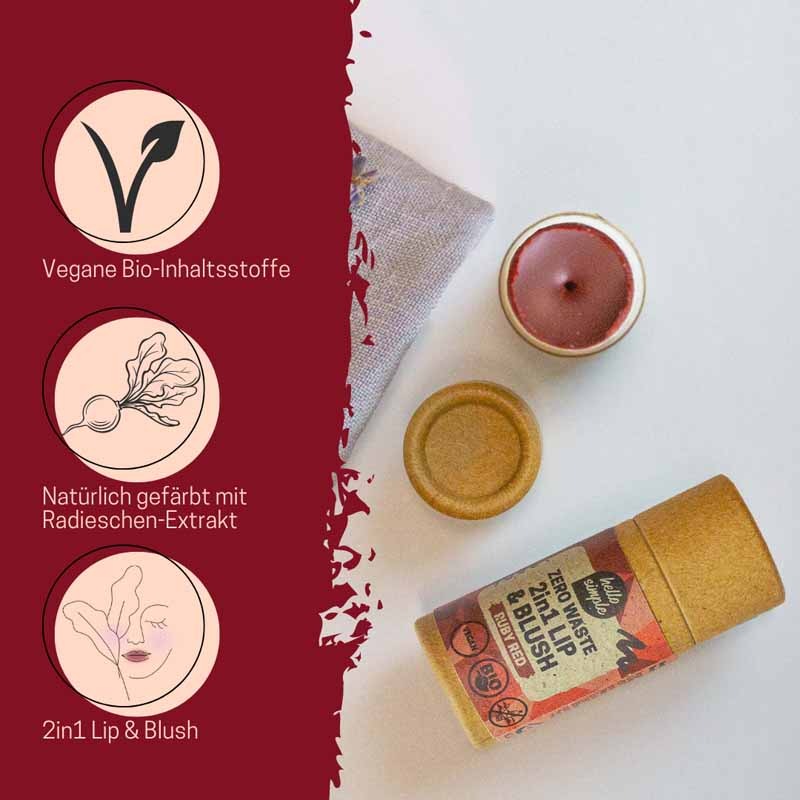 Veganes 2-in-1 Lip & Blush Produkt mit Radieschen-Extrakt und Bio-Inhaltsstoffen, in nachhaltiger Verpackung.