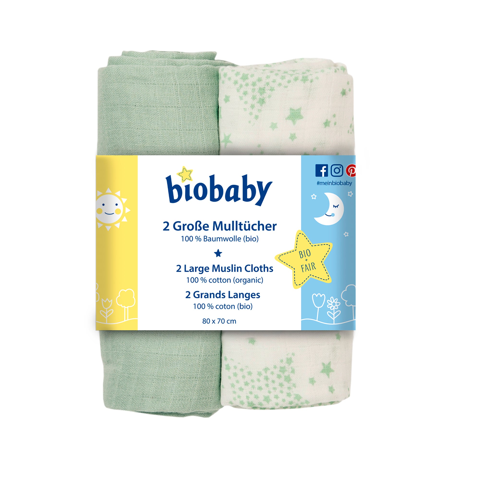 Zwei gerollte Biobaby-Musselin-Tücher, eines einfarbig grün und eines weiß mit grünen Sternen und Wolken, verpackt in einem gelb-weißen Etikett mit Produktinformationen in Deutsch, Englisch und Französisch.