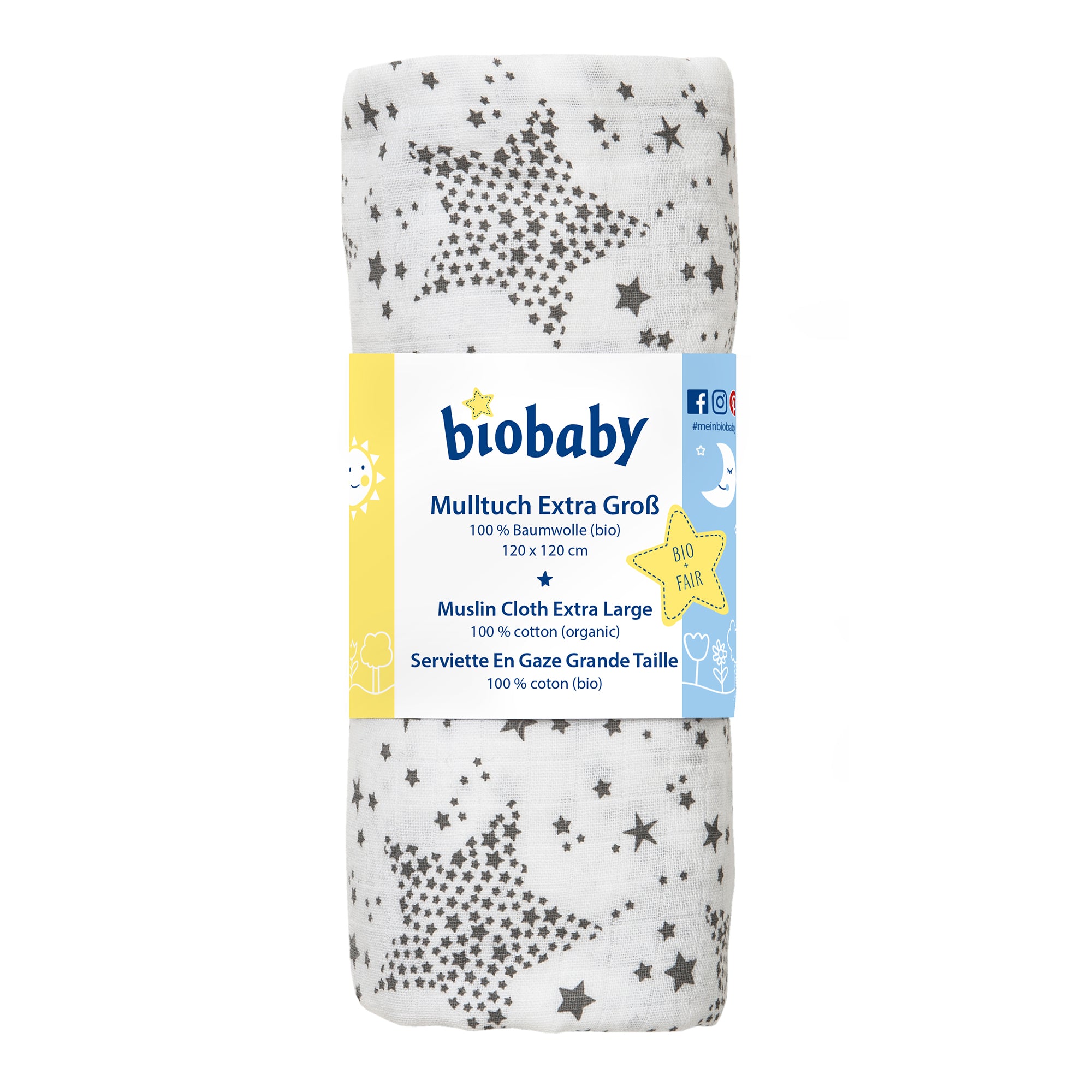 Ein aufgerolltes Mulltuch von biobaby mit der Aufschrift Mulltuch Extra Groß, 100% Bio-Baumwolle, 120 x 120 cm, mit weißem Hintergrund und grauem Sternenmuster.