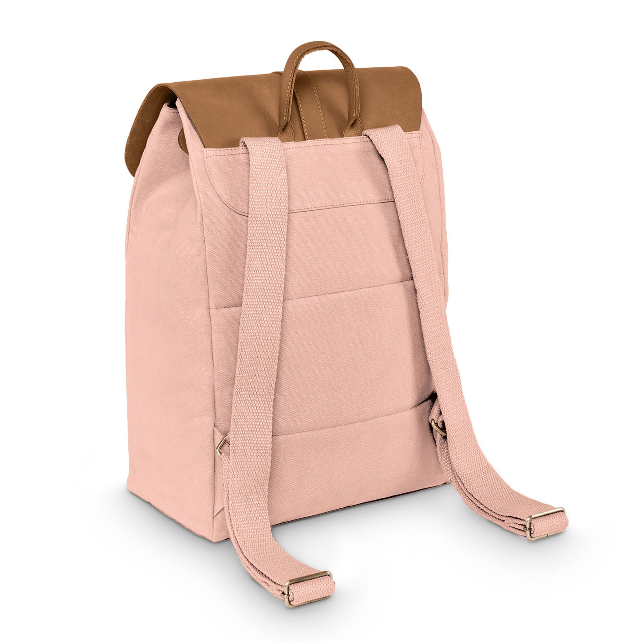 Rosa Rucksack mit braunem Deckel und verstellbaren Schulterriemen, in Rückansicht.