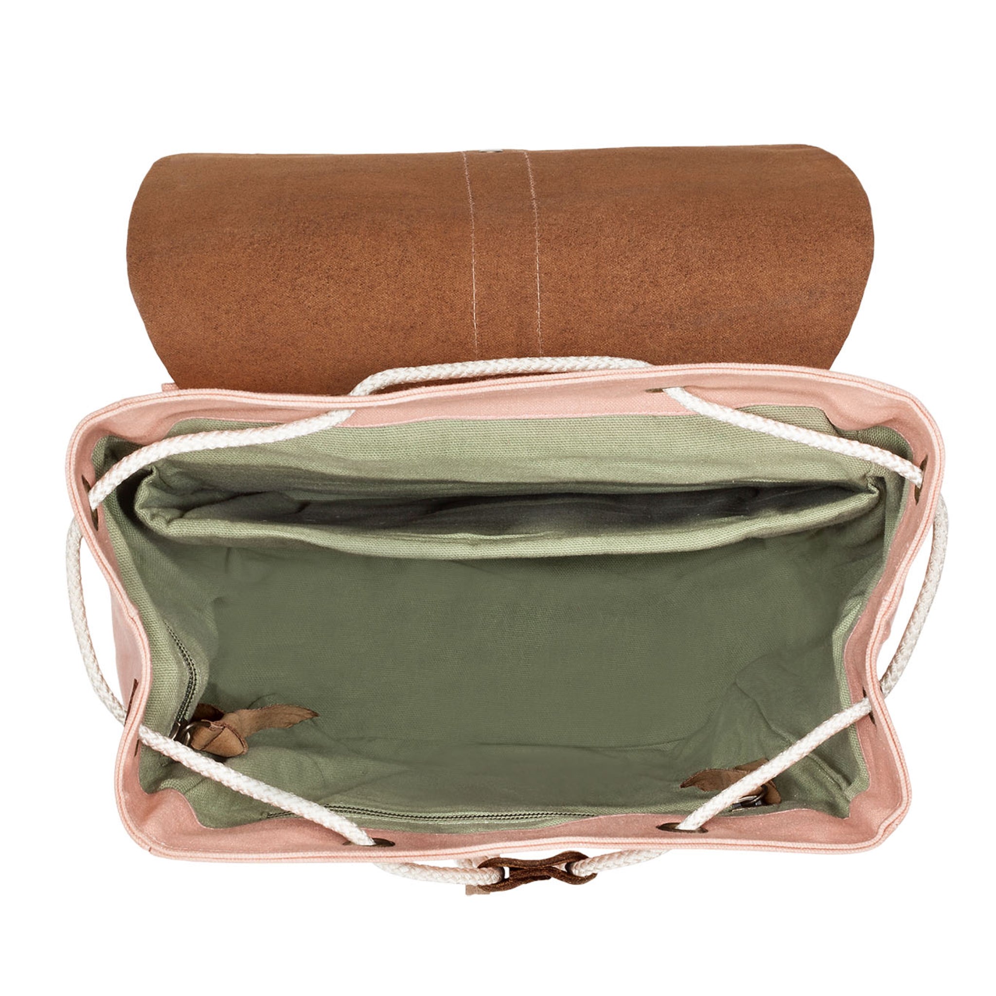 Geöffnete Tasche mit braunem Deckel, grünem Innenfutter, Reißverschlussfach und weißen Kordelriemen.
