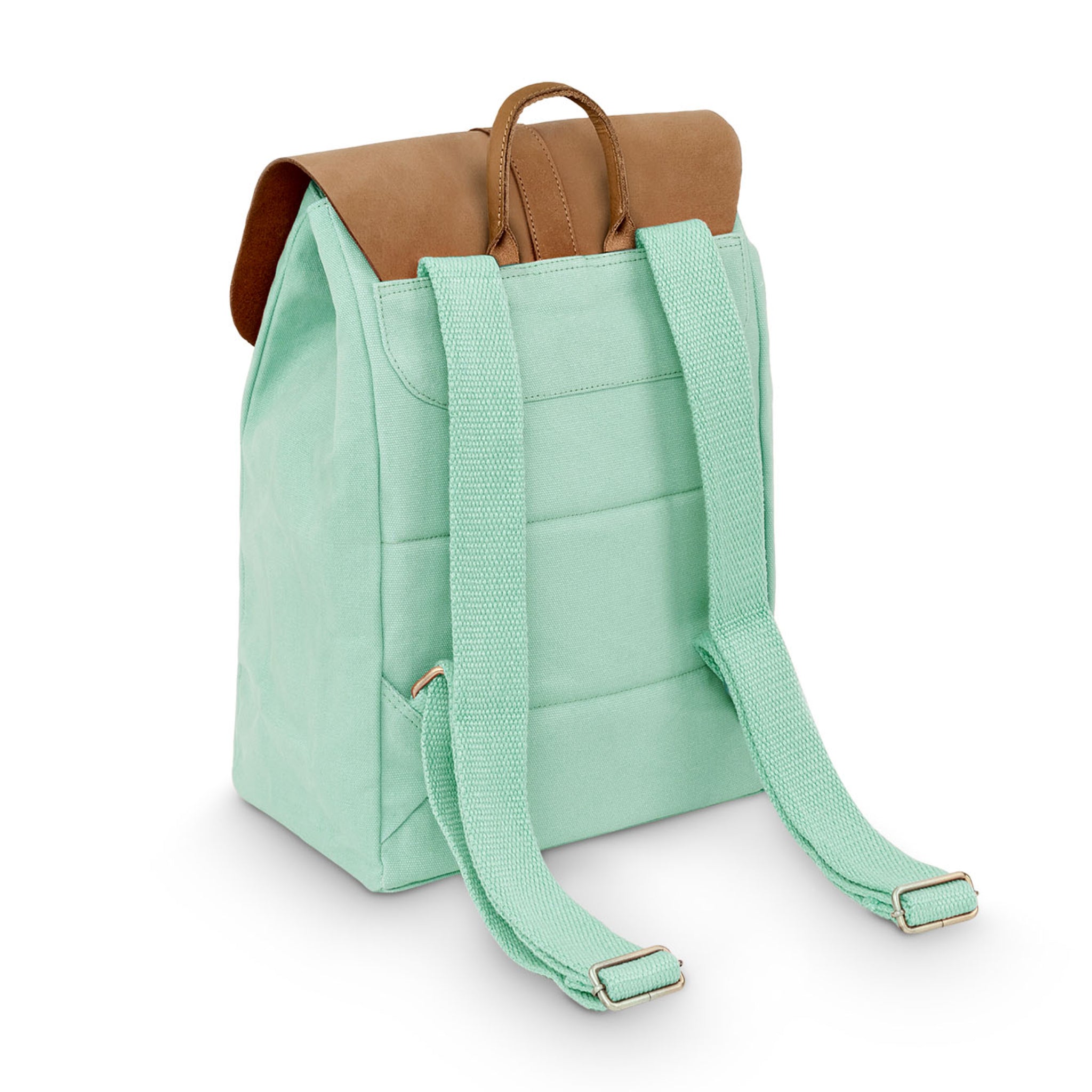 Mintgrüner Rucksack mit braunem Lederdeckel, zwei Schulterriemen und Tragegriff, auf weißem Hintergrund.