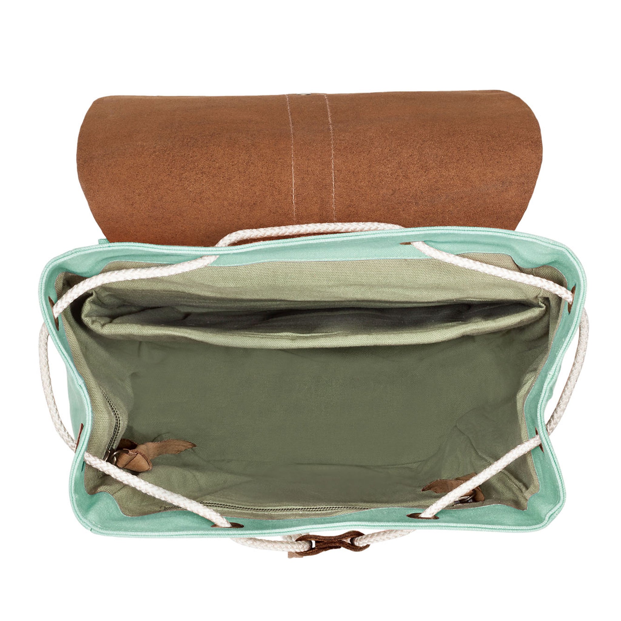 Geöffnete grüne Tasche mit braunem Verschluss und weißem Kordelzug, von oben gesehen.