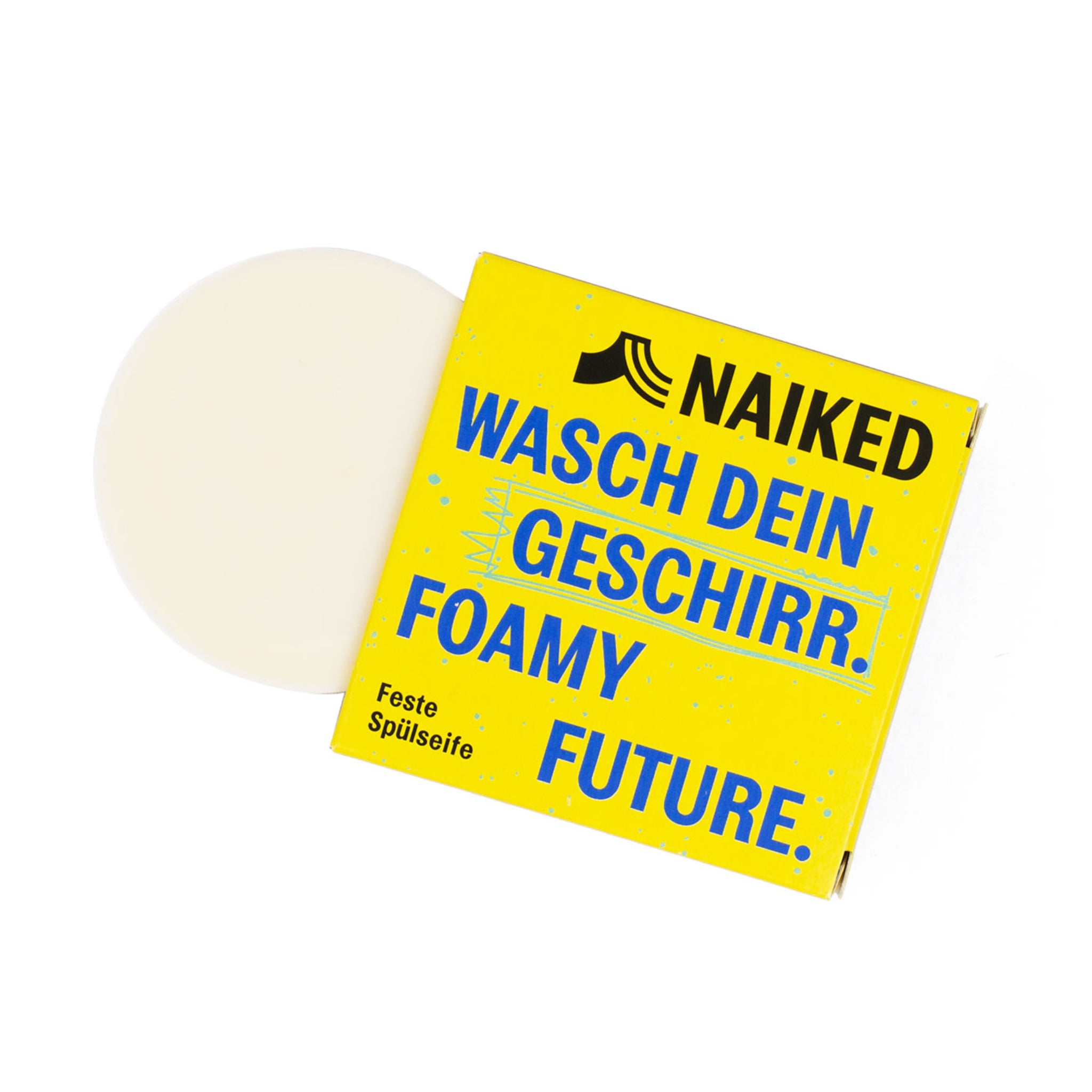Gelbe Verpackung mit blauer Aufschrift "Wasch dein Geschirr. Foamy Future." und eine beige runde Seife.