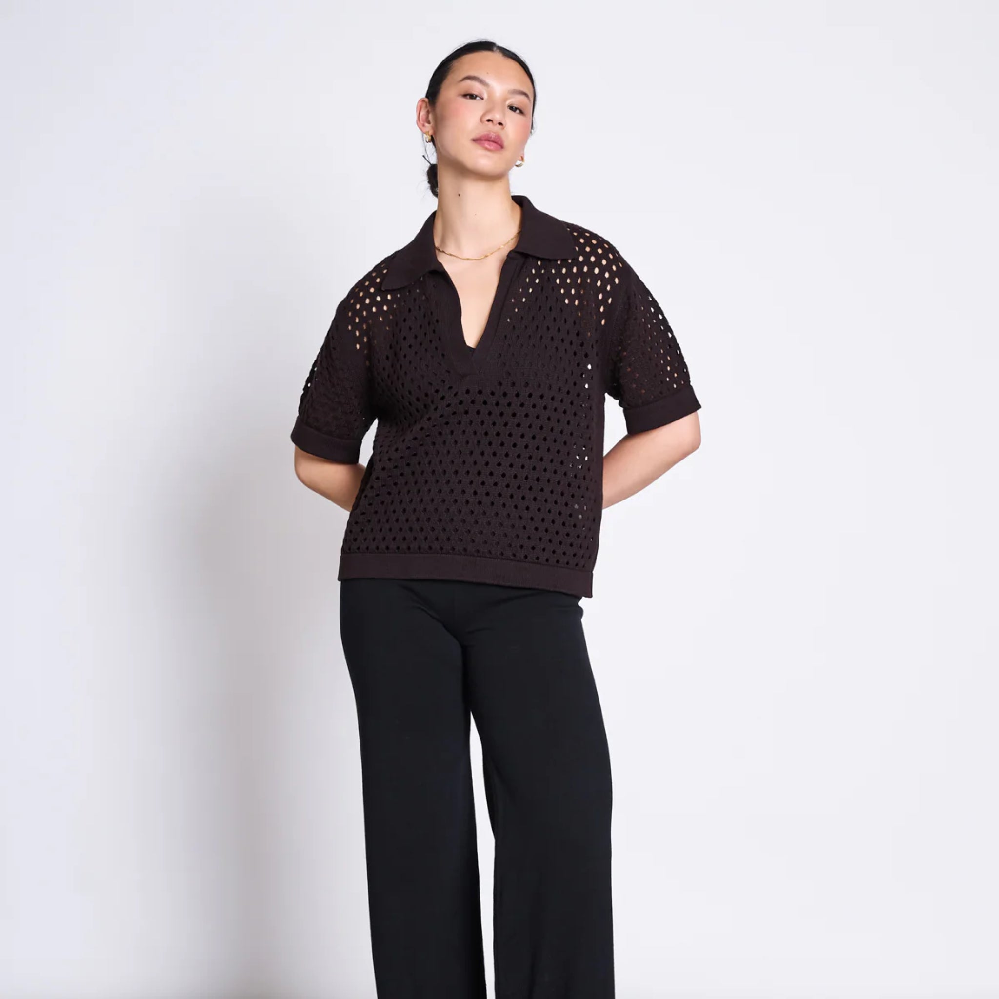 JAN N JUNE Damen Ajour T-Shirt "GILLS" Espresso