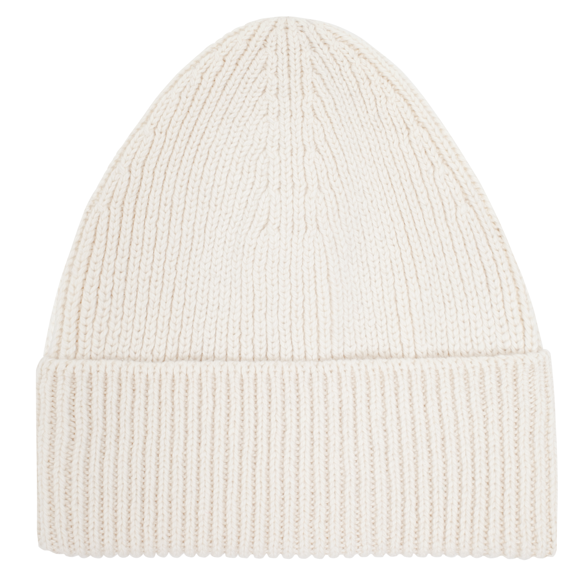 Beige gestrickte Mütze mit umgeschlagenem Rand, aus dicker, weicher Wolle gefertigt.