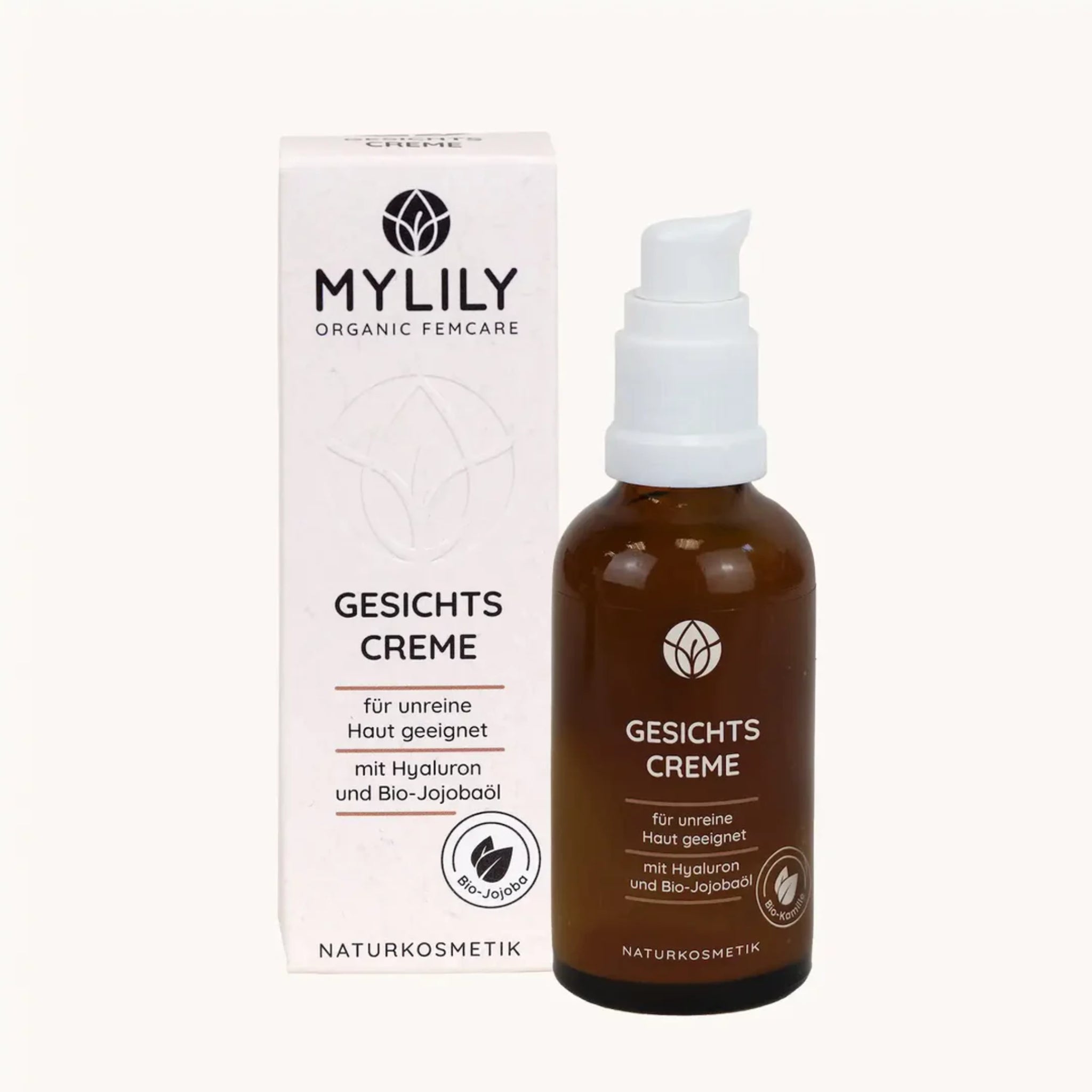 Braune Flasche mit Gesichtscreme und weißer Verpackung von MyLily, geeignet für unreine Haut mit Hyaluron und Bio-Jojobaöl.