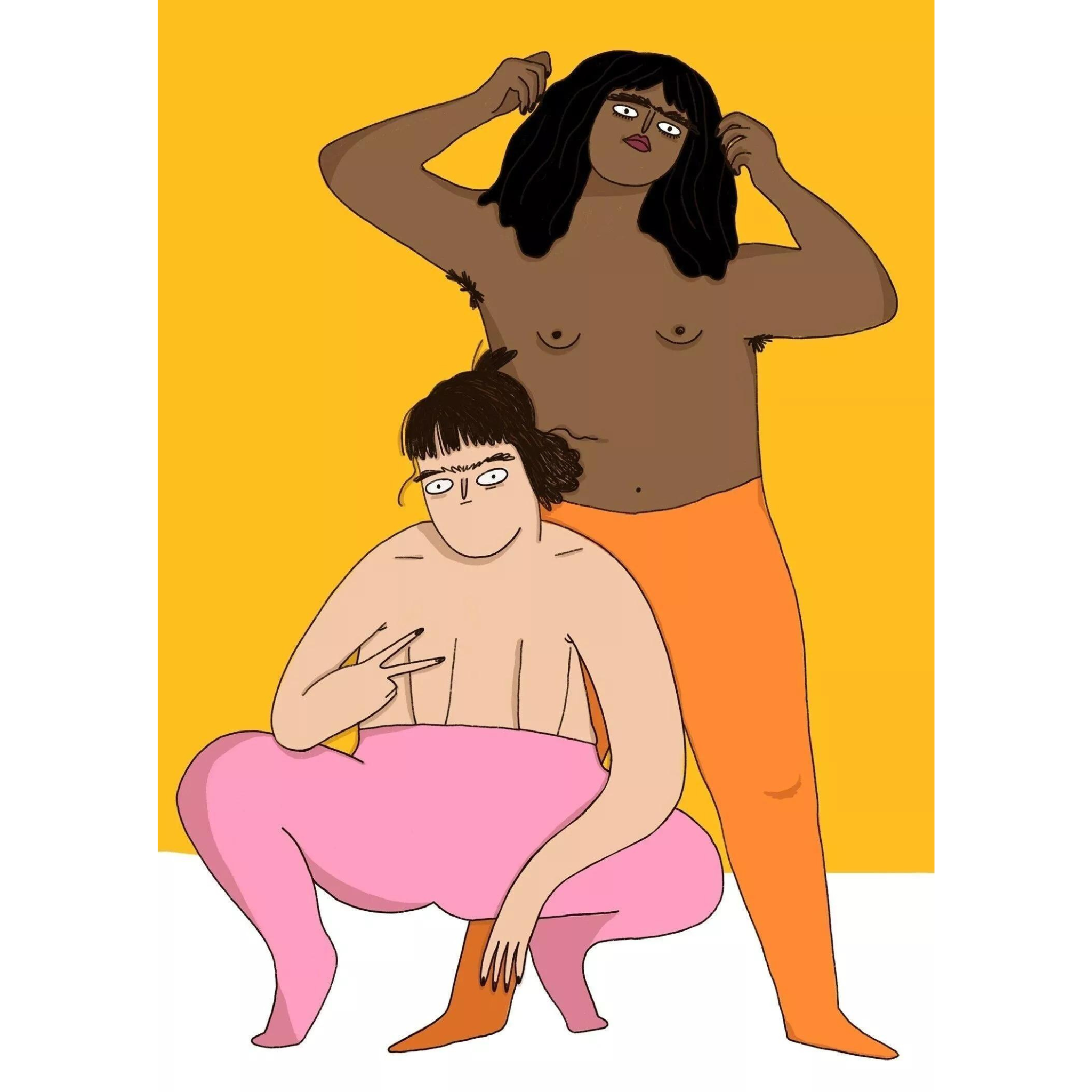 Zwei stilisierte Figuren in bunter Kleidung posieren vor einem gelben Hintergrund, die vordere macht ein Peace-Zeichen.