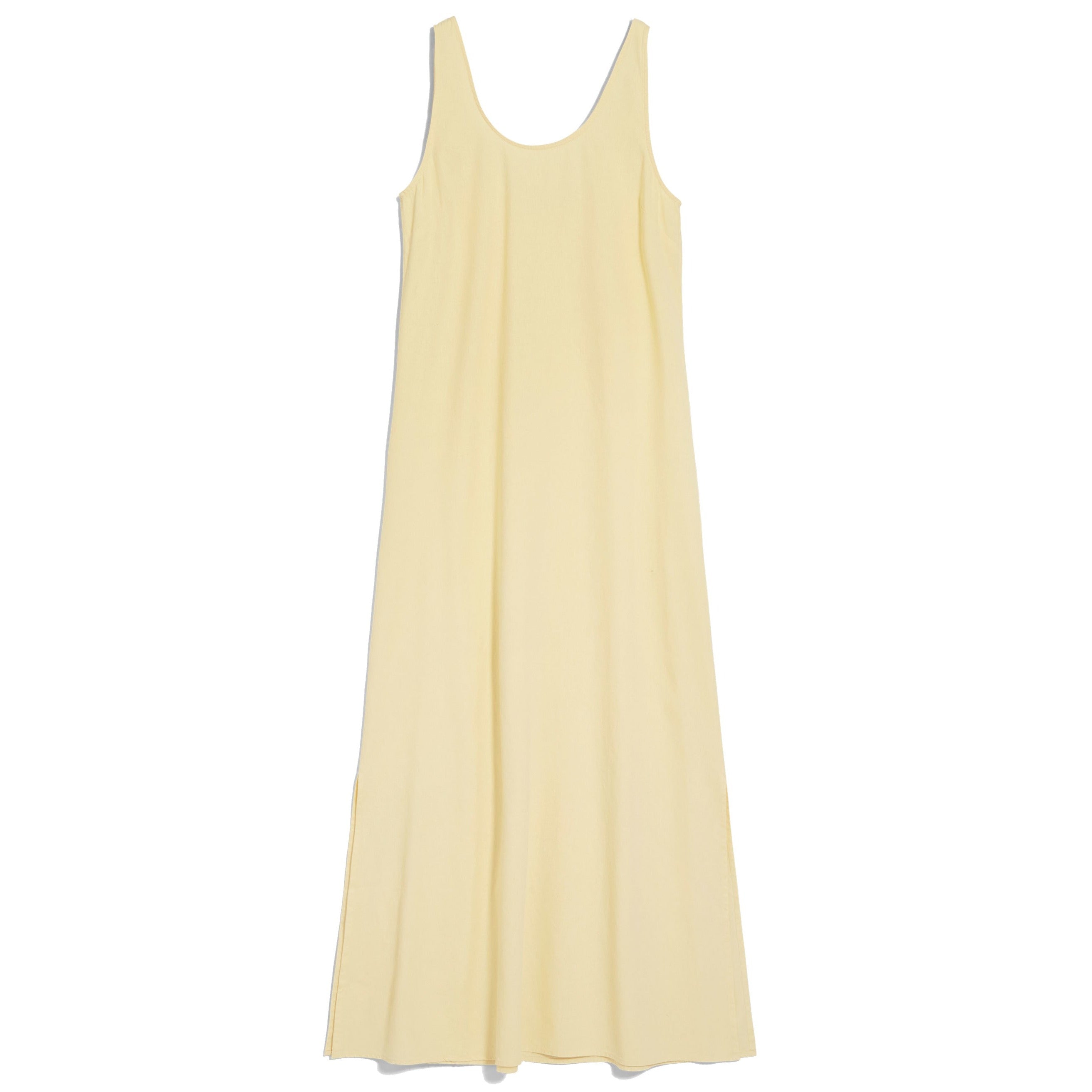 Langes, ärmelloses, hellgelbes Kleid mit weitem Schnitt und Rundhalsausschnitt.