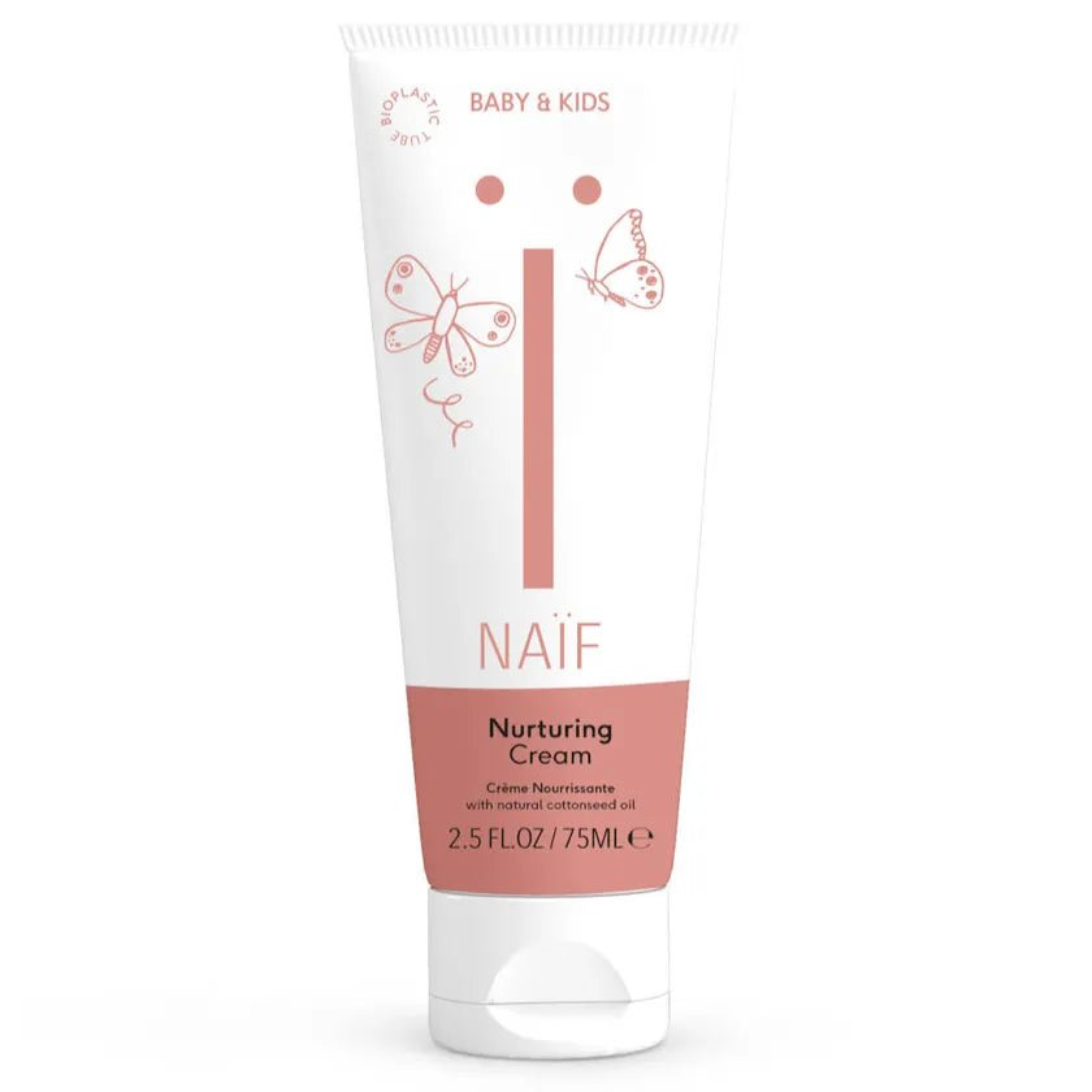 Tube der Naïf Nurturing Cream für Babys und Kinder, 75 ml, mit Schmetterlingsdesign, in weißer und rosafarbener Verpackung.